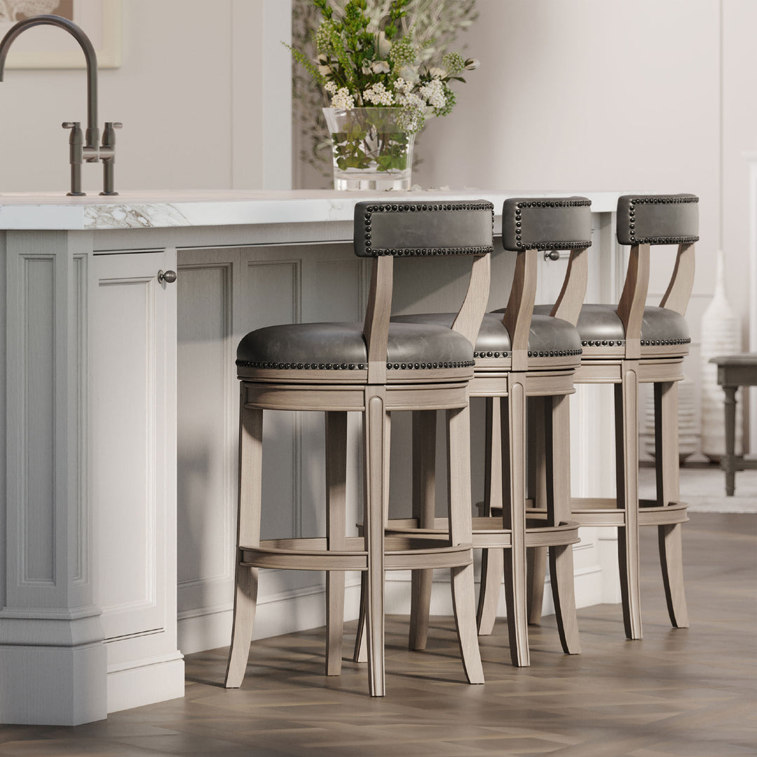 Maven Lane Alexander Bar Stool, Reclaimed Oak Finish w/ Ronan Stone Vegan Leather - VMInnovations
