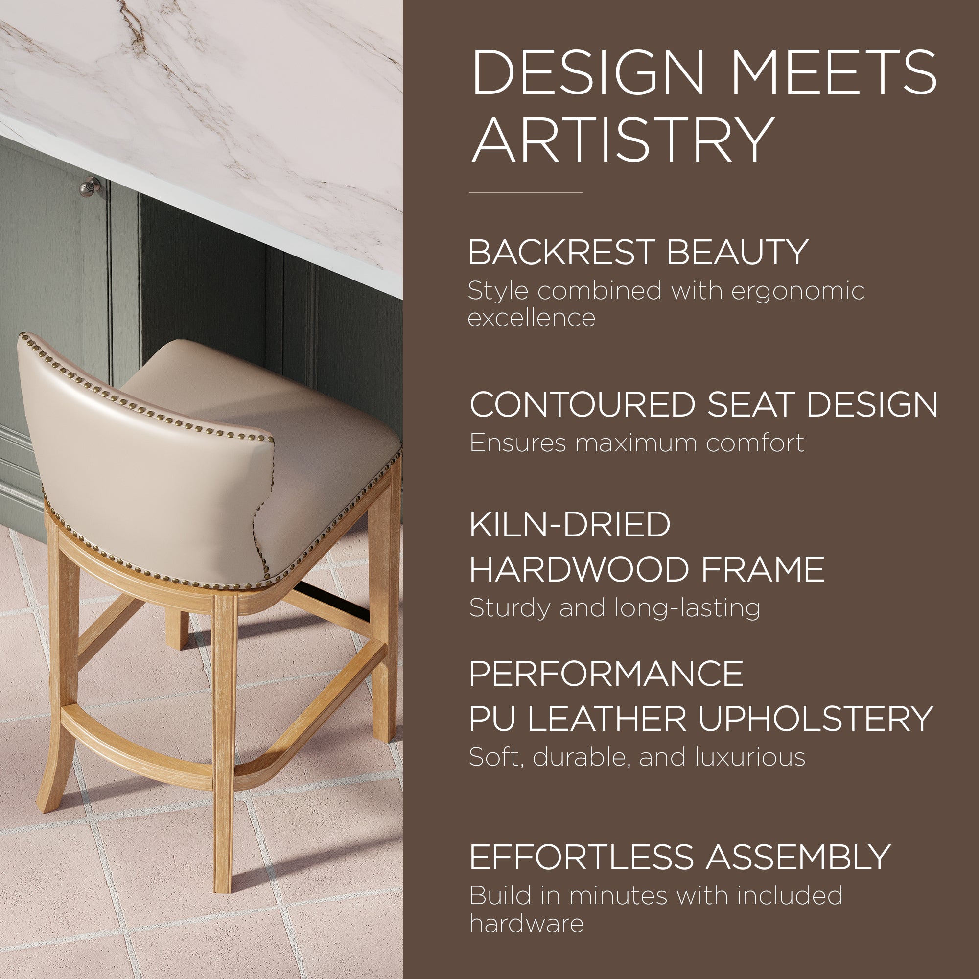 Maven Lane Hugo Bar Stool Weathered Oak Finish w/Avanti Vegan Leather (Open Box) - VMInnovations