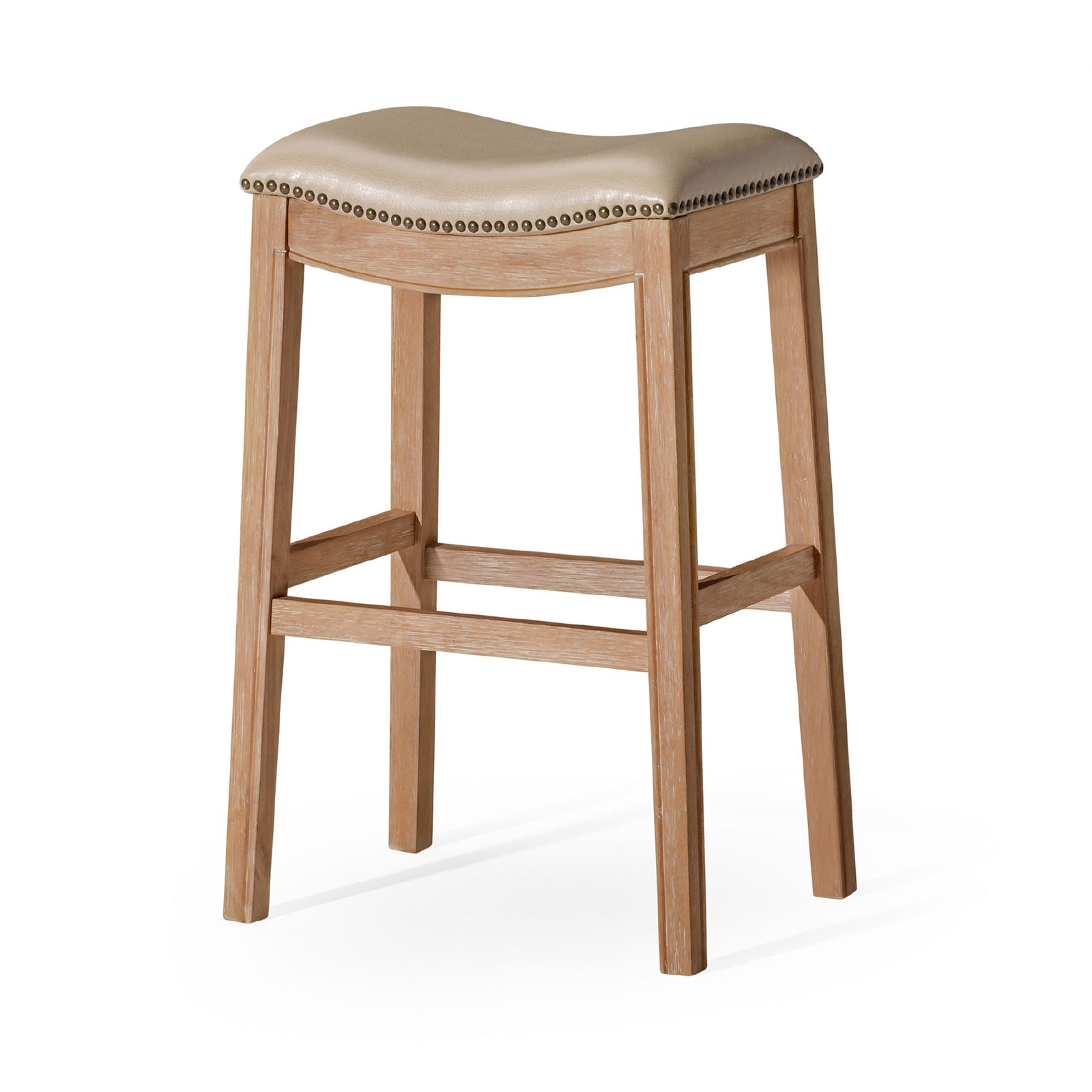 Maven Lane Adrien Saddle Barstool in Weathered Oak Finish w/ Avanti Bone Vegan Leather - VMInnovations