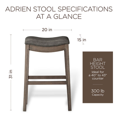 Maven Lane Adrien Saddle Barstool in Reclaimed Oak Finish w/ Ronan Stone Vegan Leather