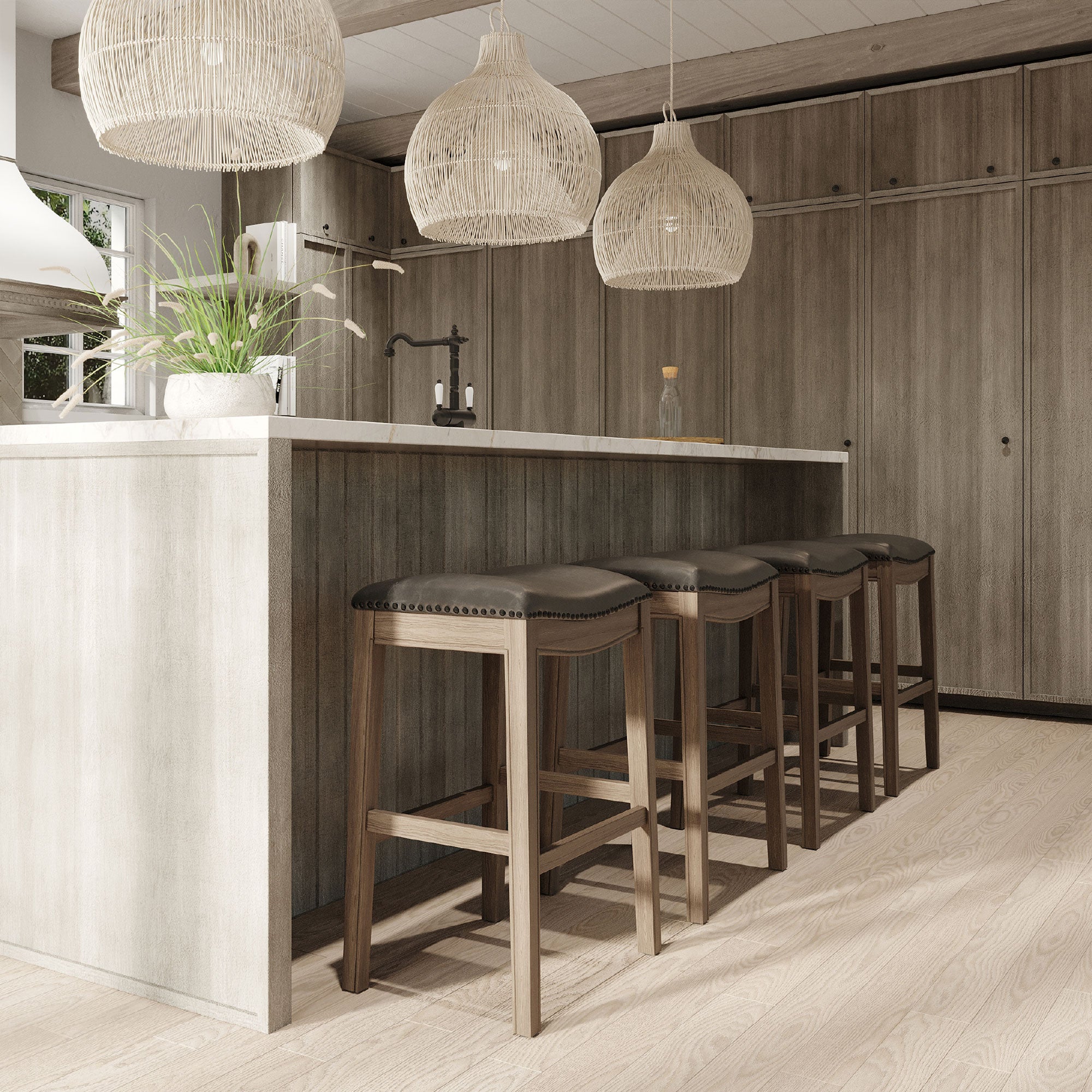 Maven Lane Adrien Barstool Reclaimed Oak/Stone Vegan Leather, Set of 4(Open Box) - VMInnovations