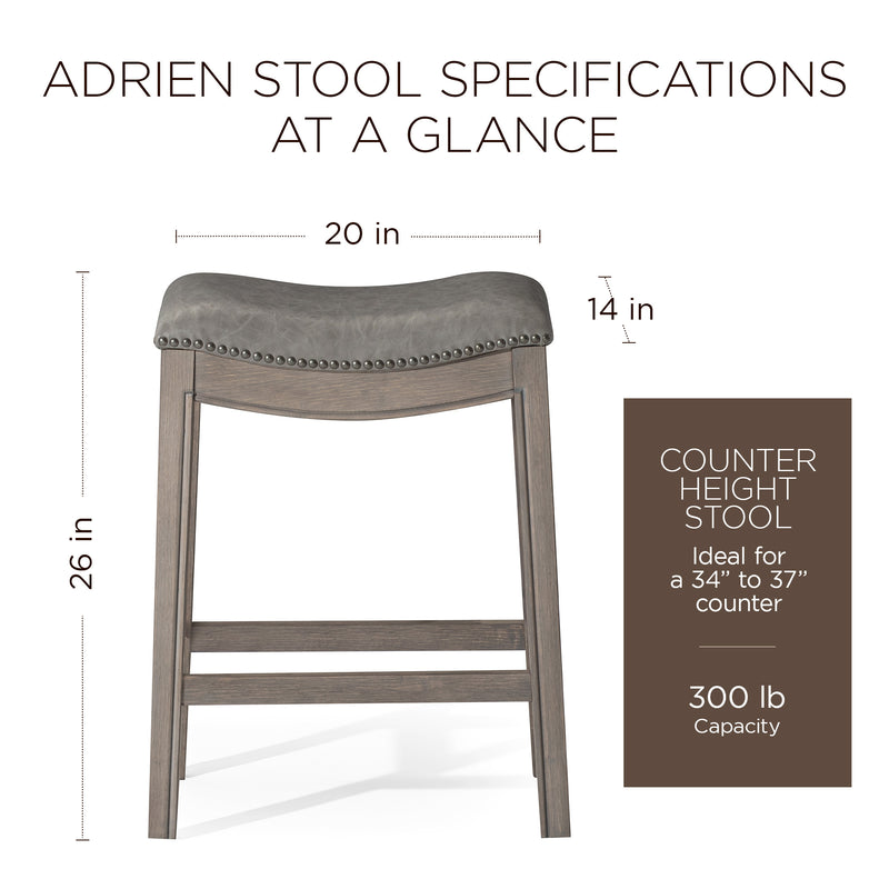 Maven Lane Adrien Saddle Counter Stool in Reclaimed Oak Finish w/ Ronan Stone Vegan Leather