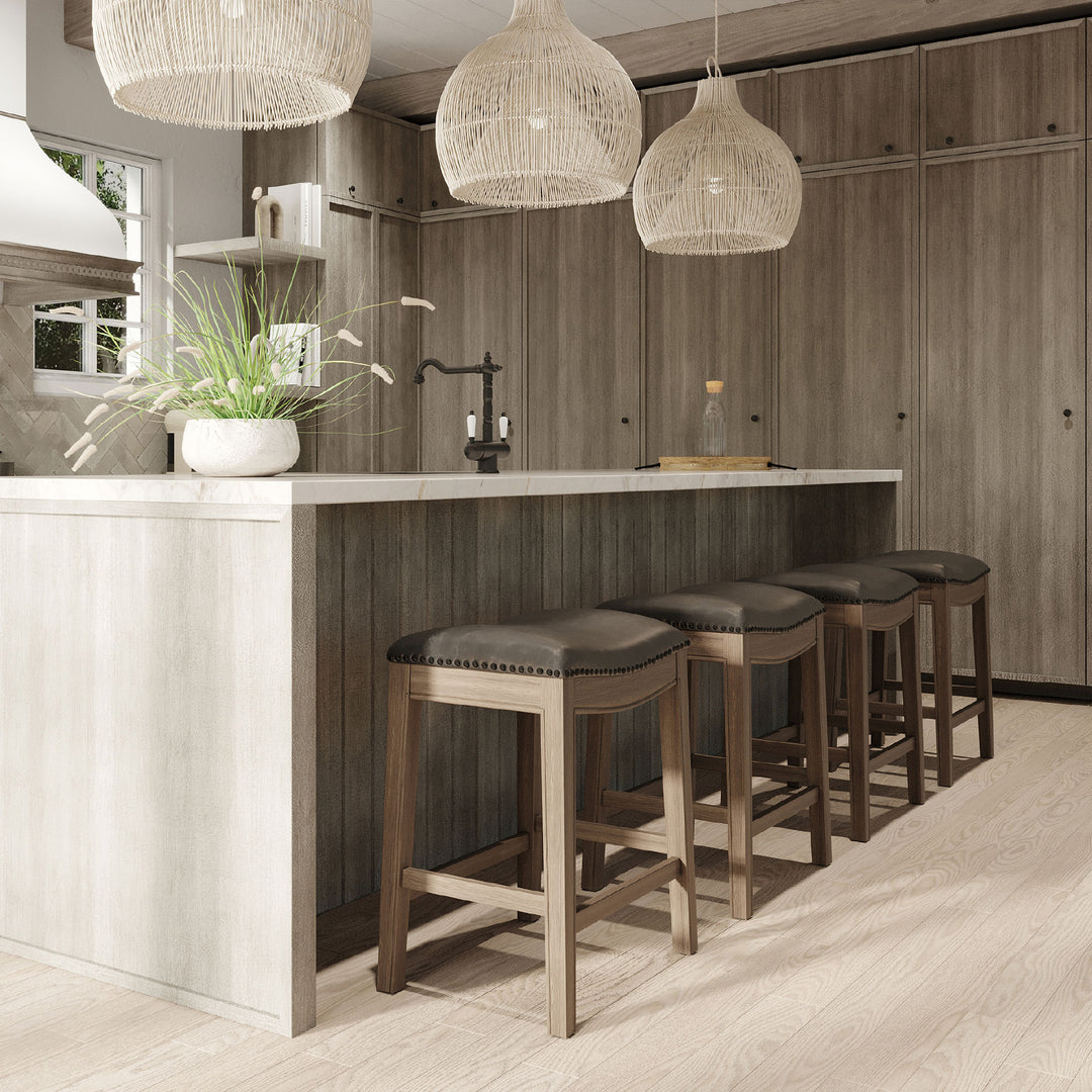 Maven Lane Adrien Saddle Counter Stool in Reclaimed Oak Finish w/ Ronan Stone Vegan Leather - VMInnovations