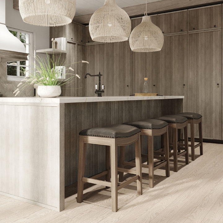 Maven Lane Adrien Saddle Counter Stool in Reclaimed Oak Finish w/ Ronan Stone Vegan Leather - VMInnovations