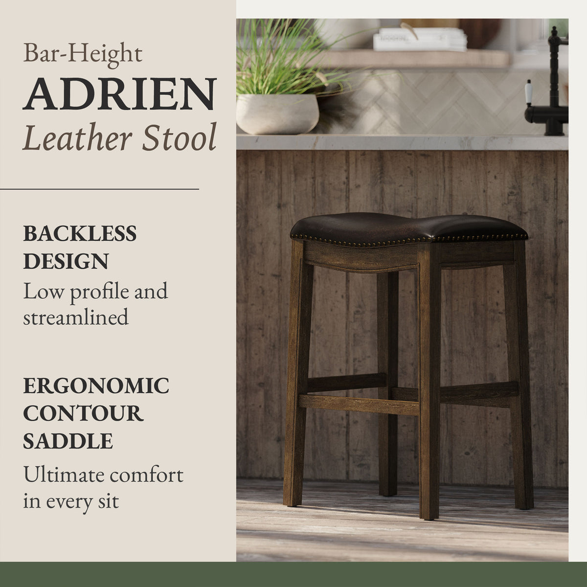 Maven Lane Adrien Barstool, Walnut w/ Marksman Vegan Leather, Set of 4(Open Box)