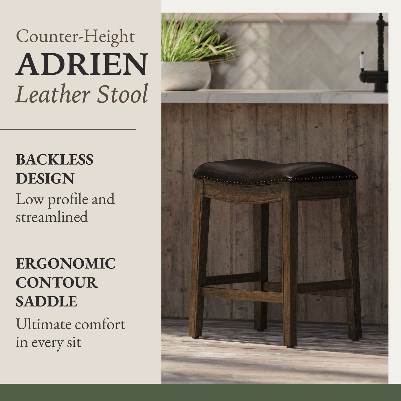 Maven Lane Adrien Saddle Counter Stool in Walnut Finish w/ Marksman Saddle Vegan Leather - VMInnovations