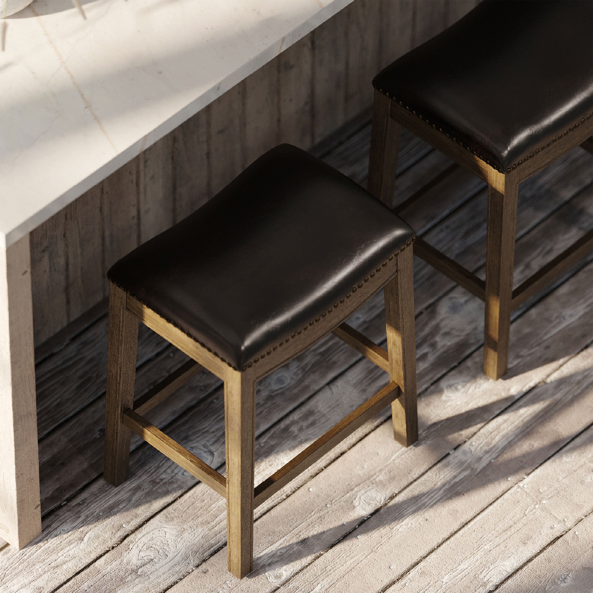 Maven Lane Adrien Saddle Counter Stool in Walnut Finish w/ Marksman Saddle Vegan Leather - VMInnovations