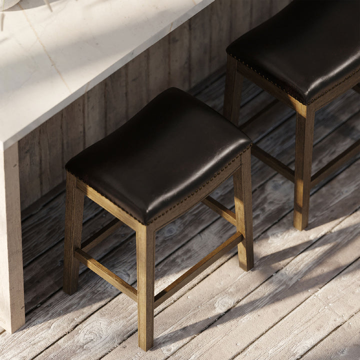 Maven Lane Adrien Saddle Counter Stool in Walnut Finish w/ Marksman Saddle Vegan Leather - VMInnovations