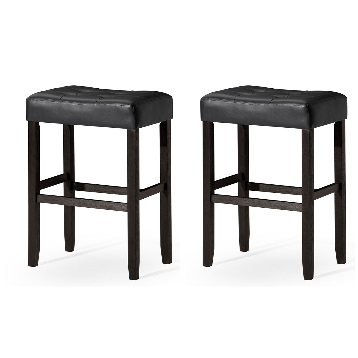 Carte: A La Carte Home Harper Bar Stool in Rustic Black Wood Finish w/ Black Vegan Leather, Set of 2 - VMInnovations