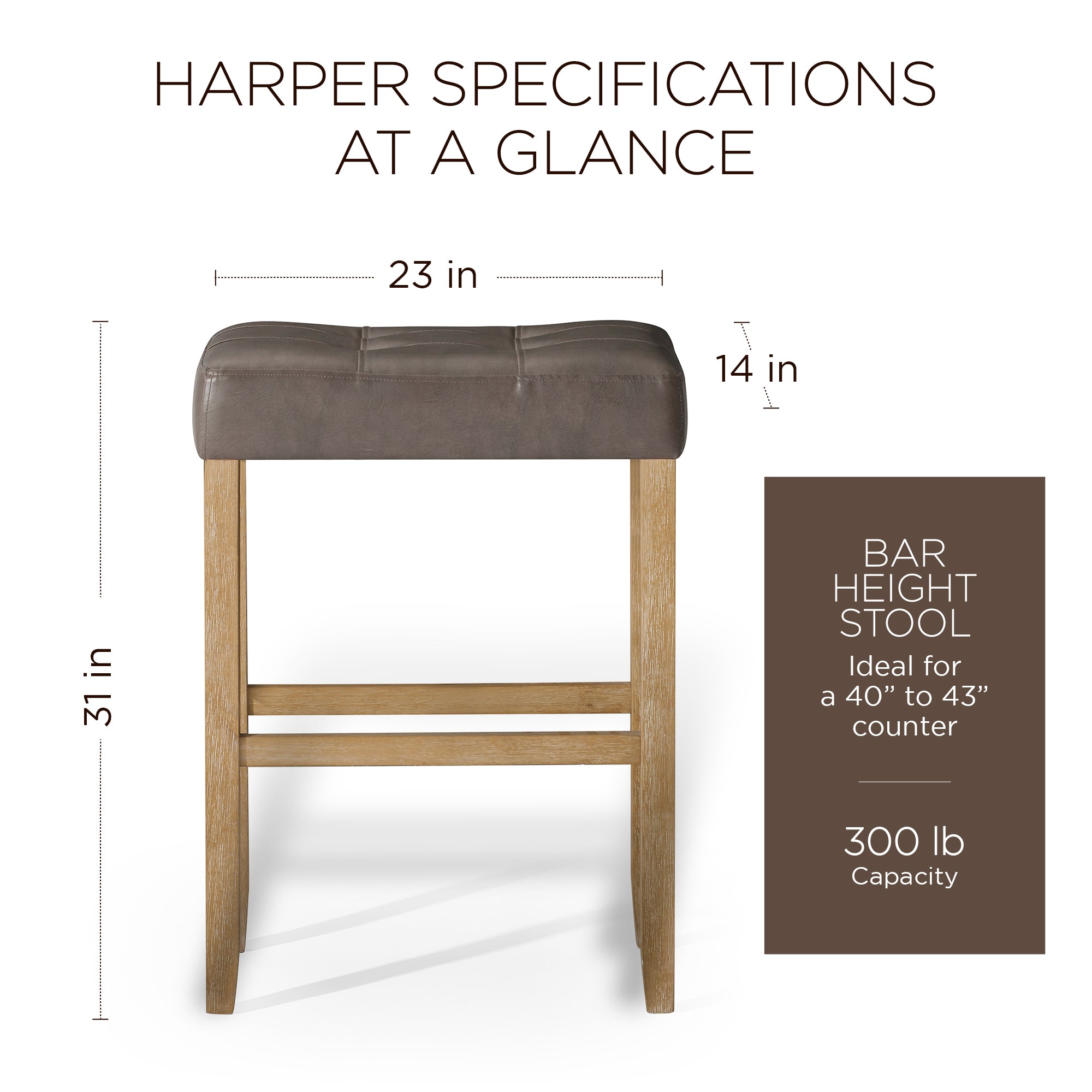 Maven Lane Bar Stool Weathered Oak Wood w/Grey Vegan Leather, Set of 2 (Used)