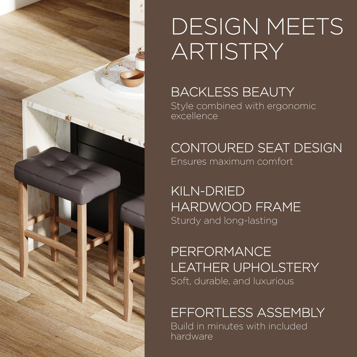 Maven Lane Bar Stool Weathered Oak Wood w/Grey Vegan Leather, Set of 2 (Used)