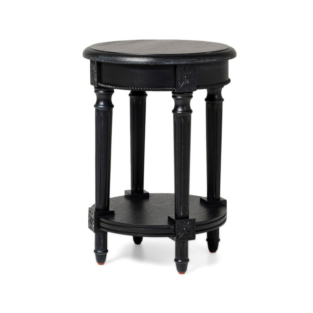 Maven Lane Pullman Traditional Round Wooden Side Table in Antiqued Black Finish - VMInnovations
