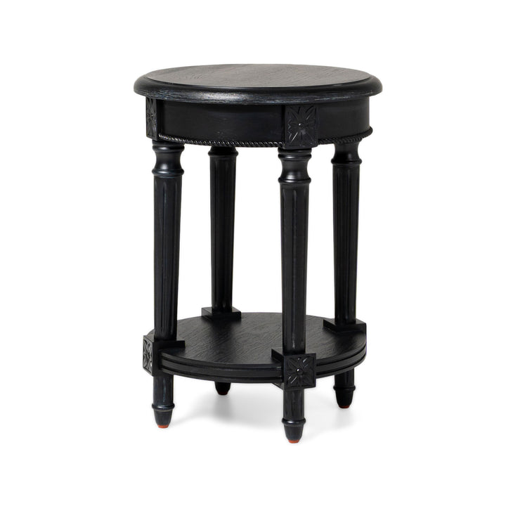 Maven Lane Pullman Traditional Round Wooden Side Table in Antiqued Black Finish - VMInnovations