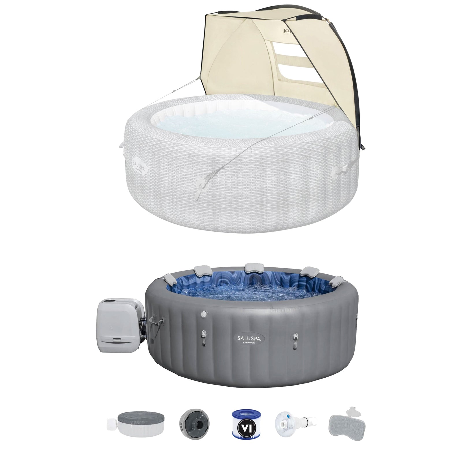 Bestway SaluSpa Sun Shade Canopy w/ Santorini SaluSpa Inflatable Outdoor Hot Tub - VMInnovations
