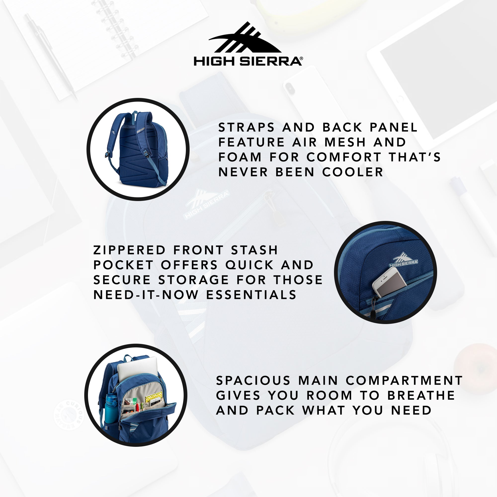 High Sierra Outburst 2.0 Backpack w/Padded Sleeve, Graphite Blue/True Navy(Used) - VMInnovations