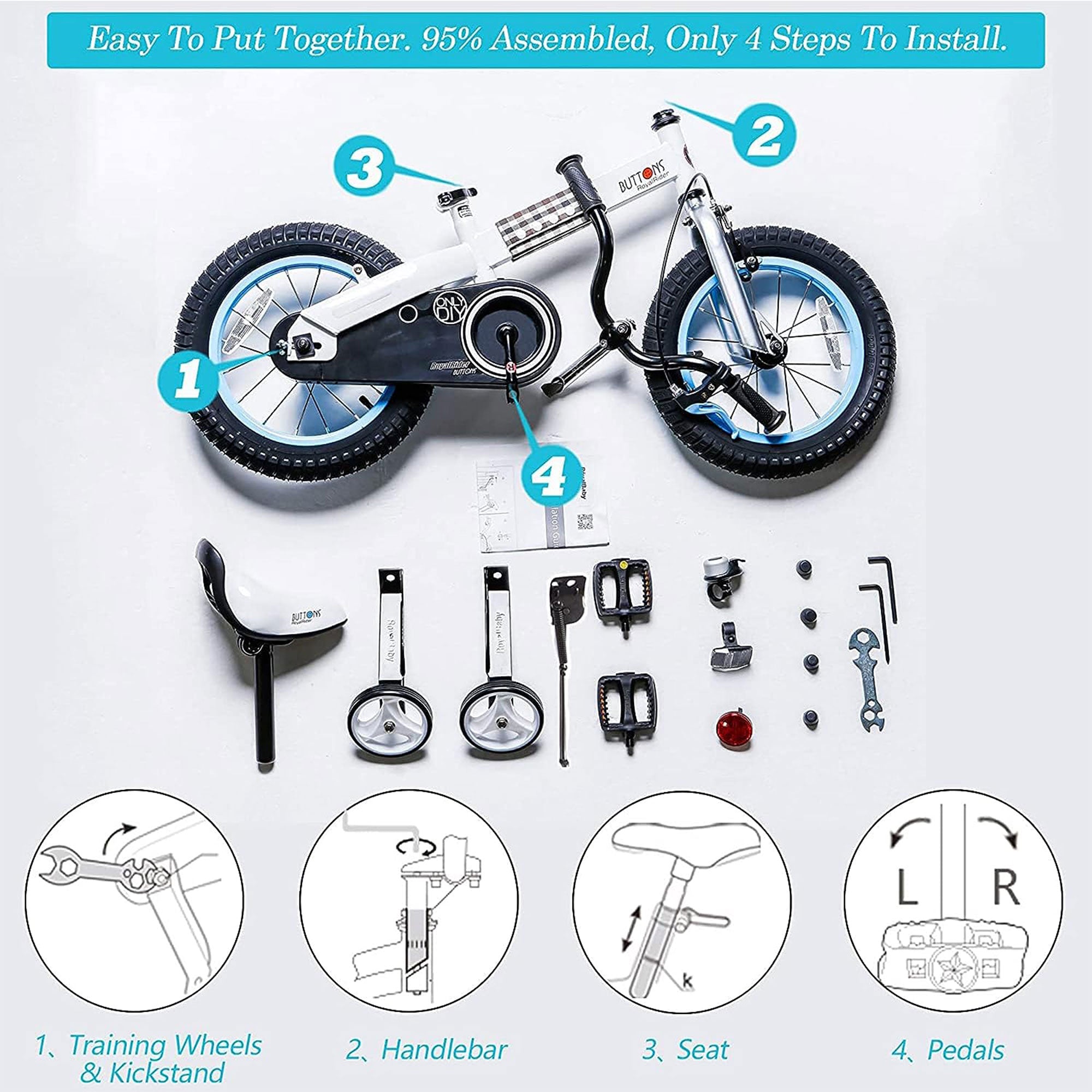 RoyalBaby Buttons 16" Kids Bike with Kickstand & Training Wheels, Blue(Open Box) - VMInnovations
