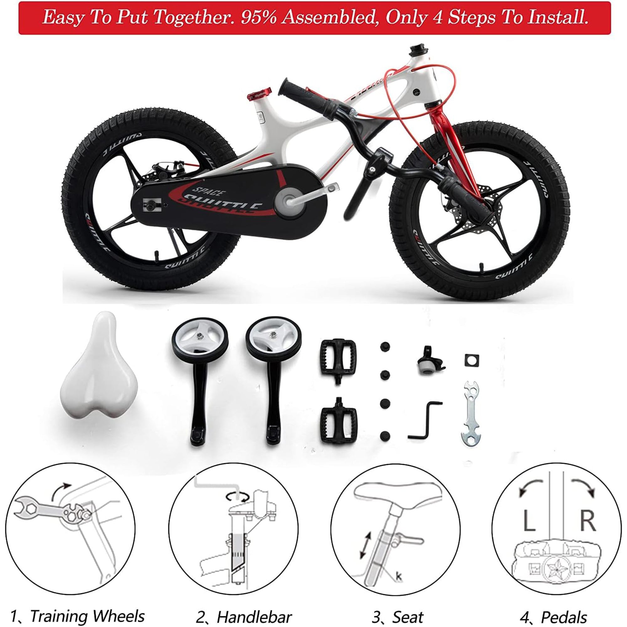 RoyalBaby Space Shuttle 14" Magnesium Alloy Kids Bike w/Training Wheels, White - VMInnovations