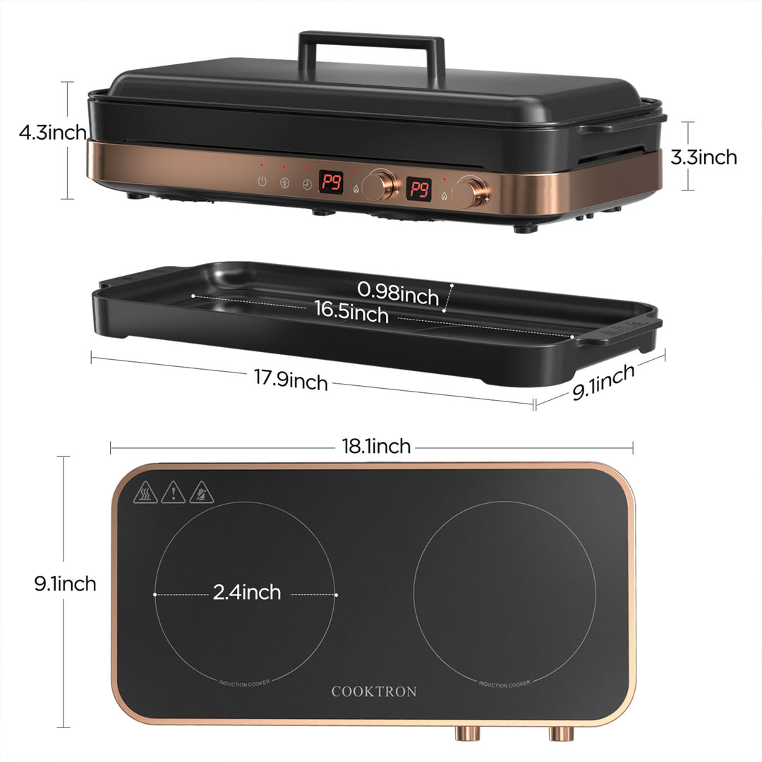 COOKTRON Portable Induction Cooktop Electric Stove &Cast Iron Griddle, Rose Gold - VMInnovations