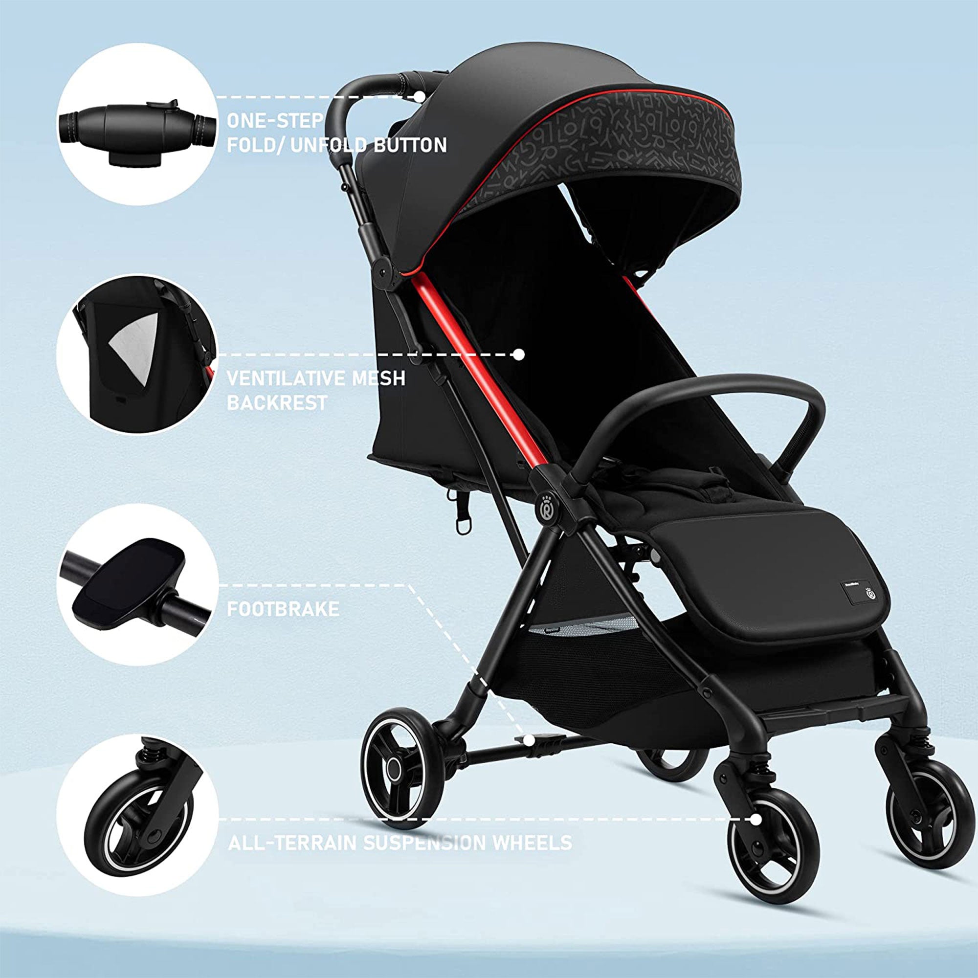 RoyalBaby 360 Seat Compact Fold Portable Travel Stroller, Black/Red (Open Box) - VMInnovations