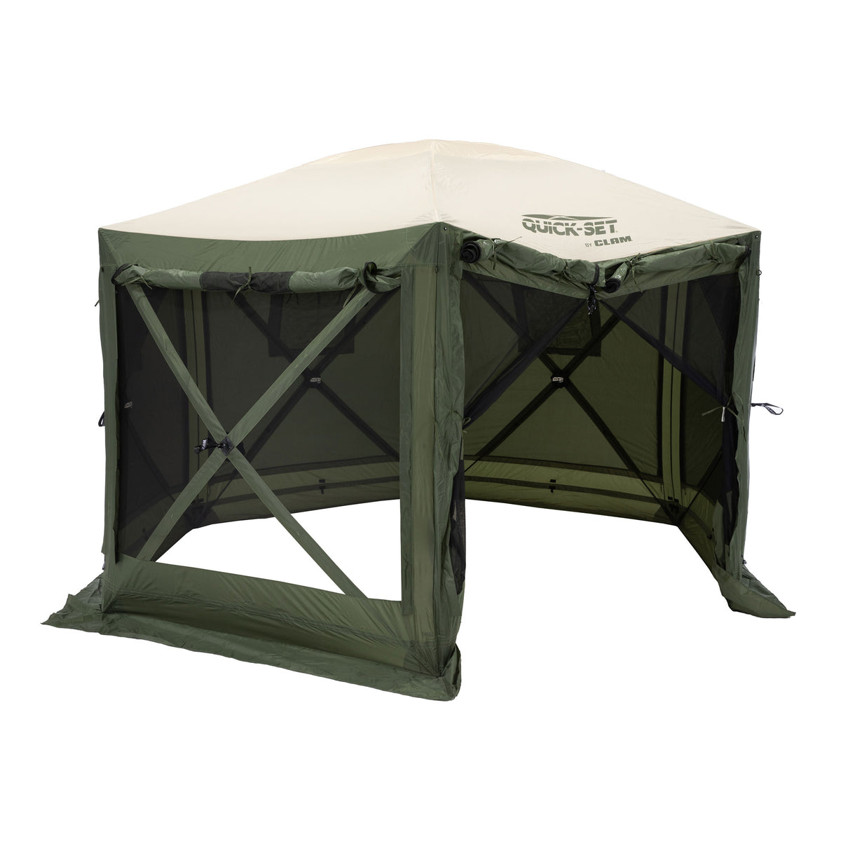 CLAM Quick-Set Pavilion 12.5x12.5 Ft Outdoor Canopy Shelter, Green/Tan(Open Box) - VMInnovations