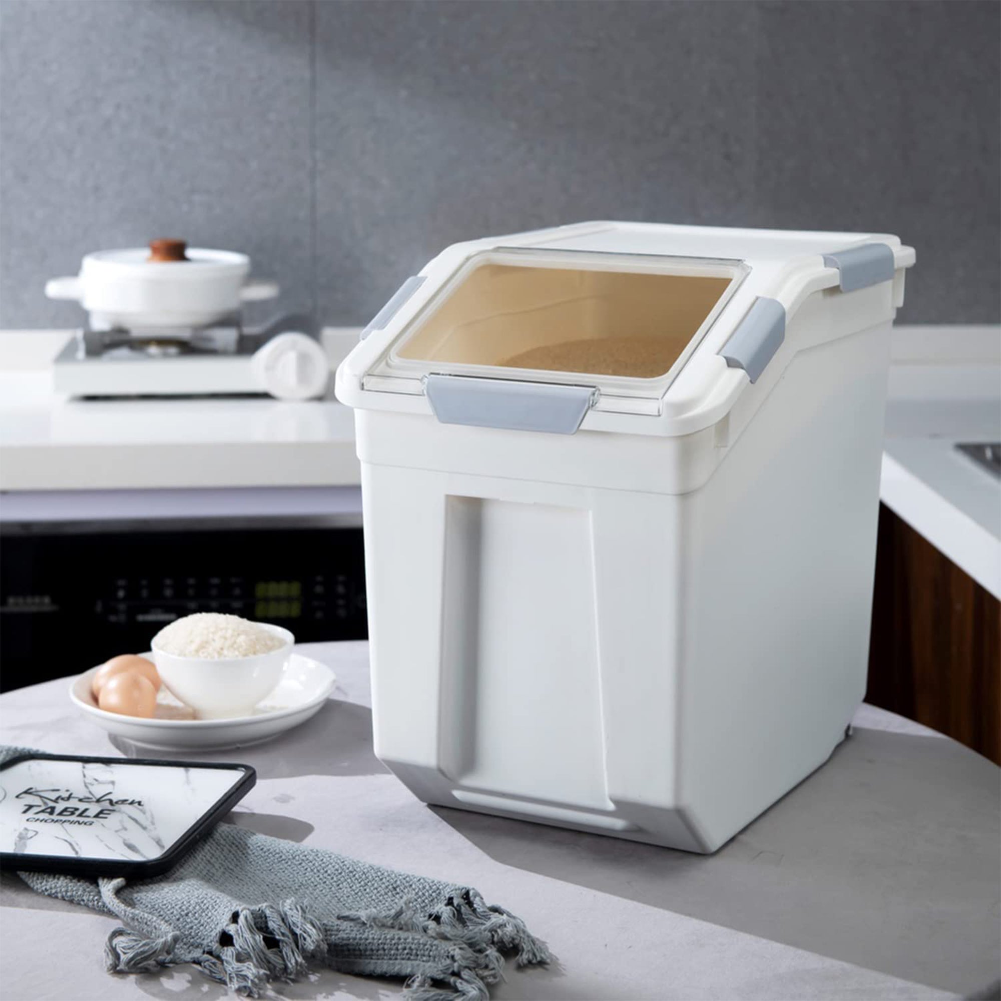 HANAMYA 25L Rice Storage Container with Wheels & Cup, White (Set of 2) (Used) - VMInnovations