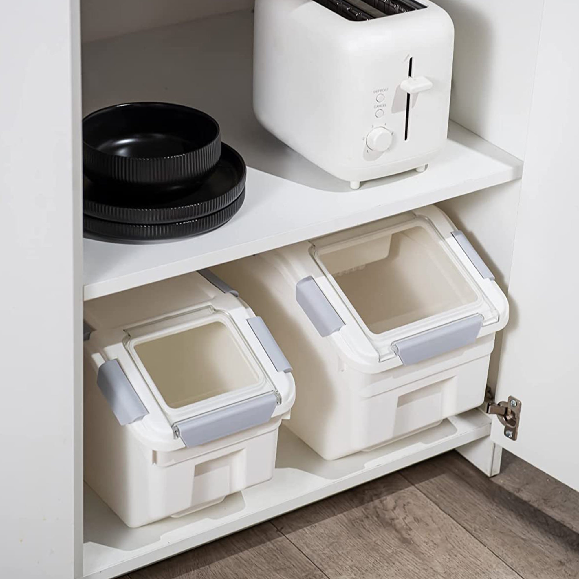 HANAMYA 25L Rice Storage Container with Wheels & Cup, White (Set of 2) (Used) - VMInnovations