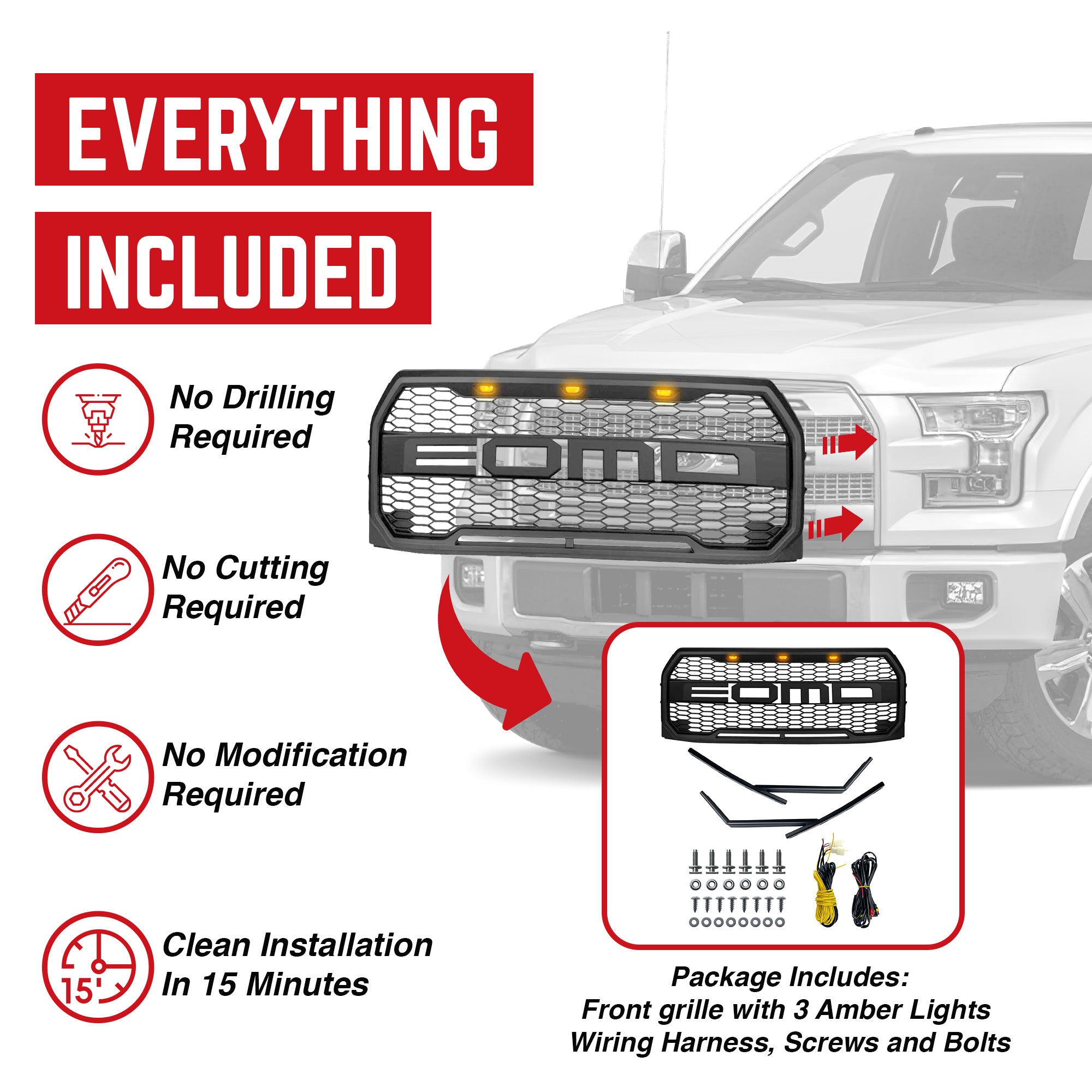 AMERICAN MODIFIED Raptor Front Hood MeshGrille Compatible w/F150 15-17(Open Box)