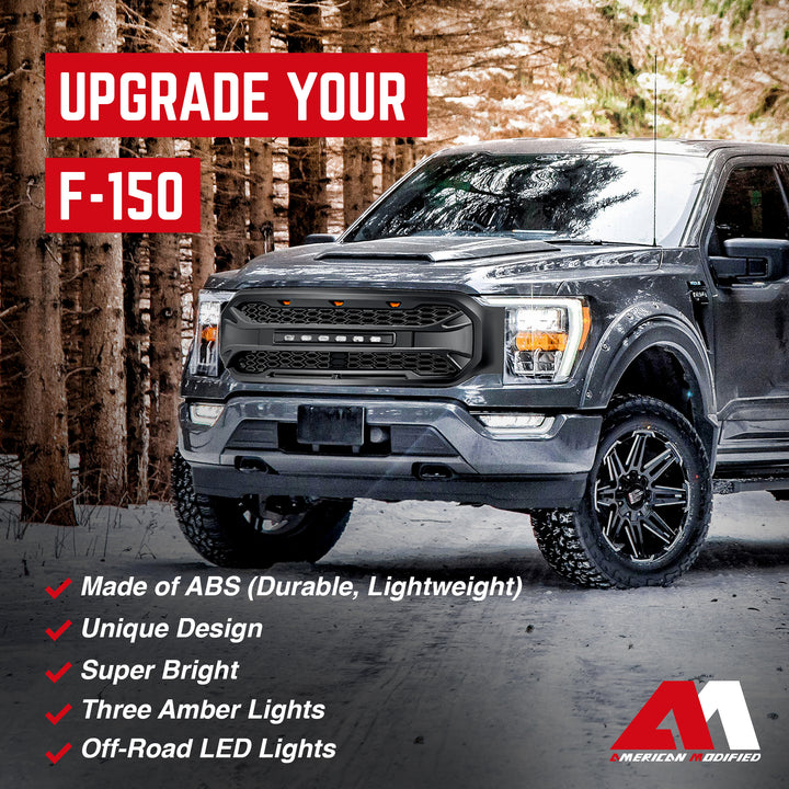 AMERICAN MODIFIED Armor Grille Compatible with 2021 to 2023 Ford F150, Black - VMInnovations