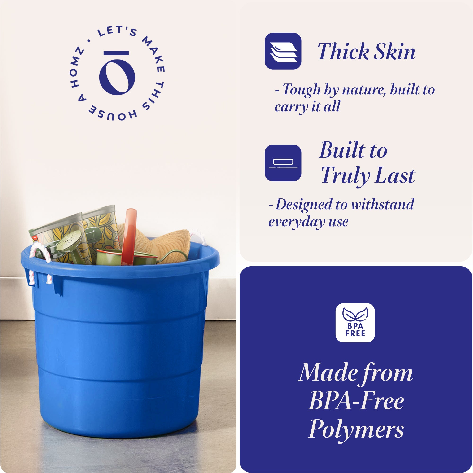 Homz 18 Gal Plastic Open Storage Round Utility Tub with Handles, Blue (3 Pack) - VMInnovations