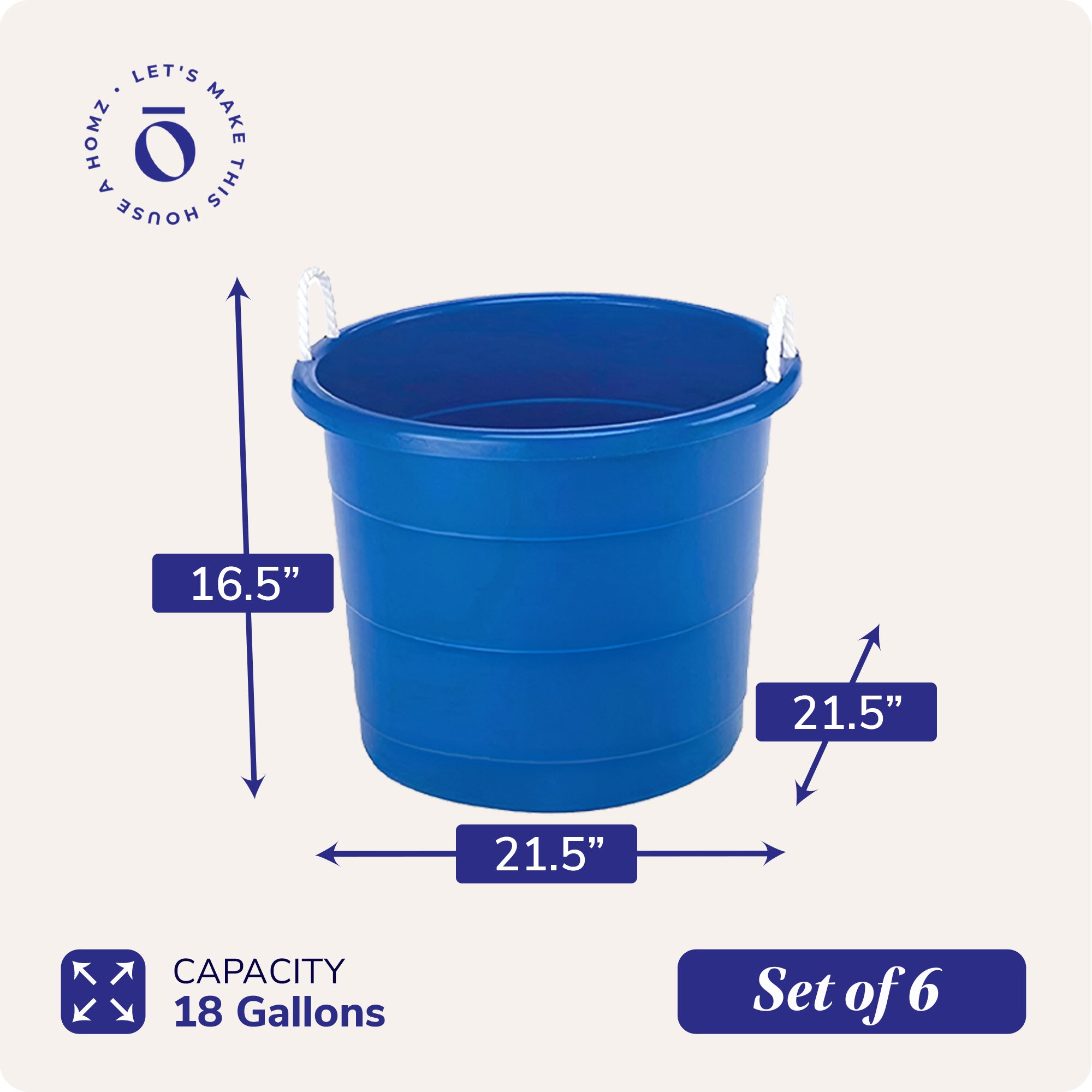 Homz 18 Gal Plastic Open Storage Round Utility Tub with Handles, Blue (3 Pack) - VMInnovations