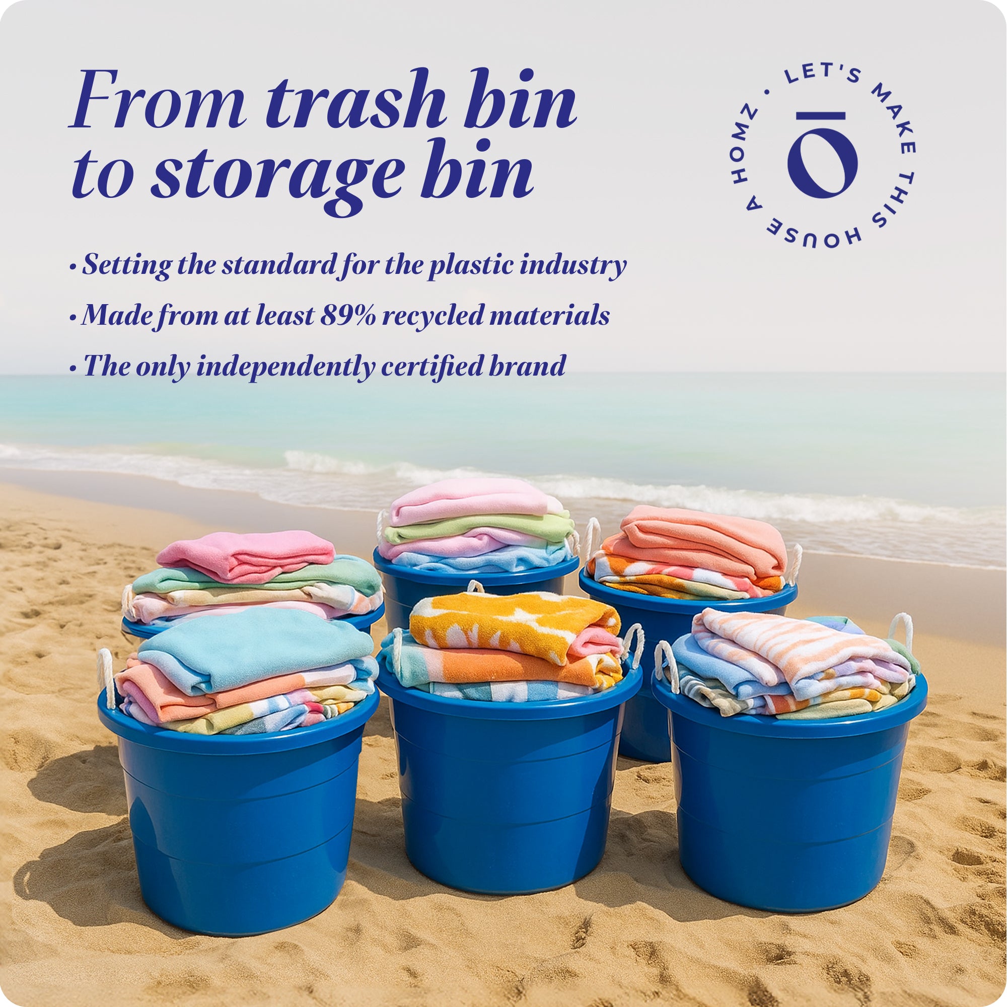 Homz 18 Gal Plastic Open Storage Round Utility Tub with Handles, Blue (3 Pack)