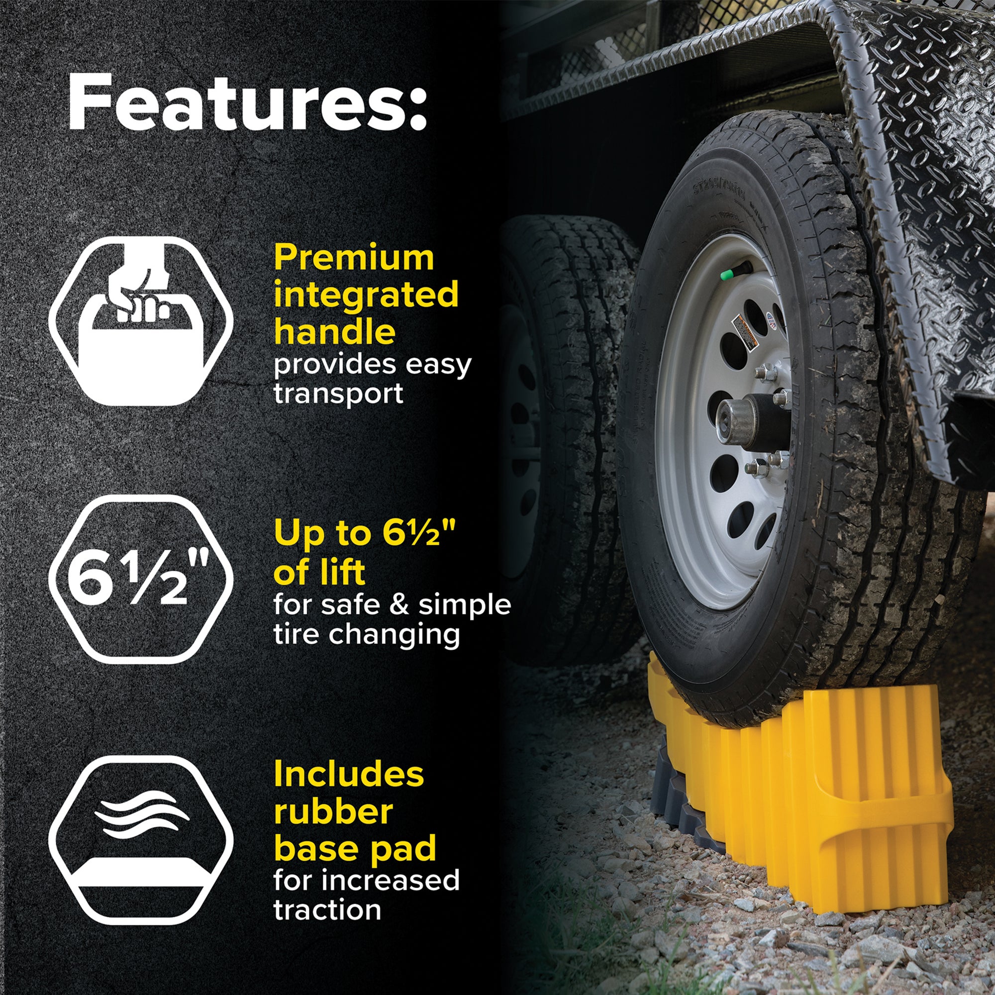 Camco Curved Trailer Aid with Chock & Pad, 6.5" Lift for Tandem Trailer, Yellow - VMInnovations
