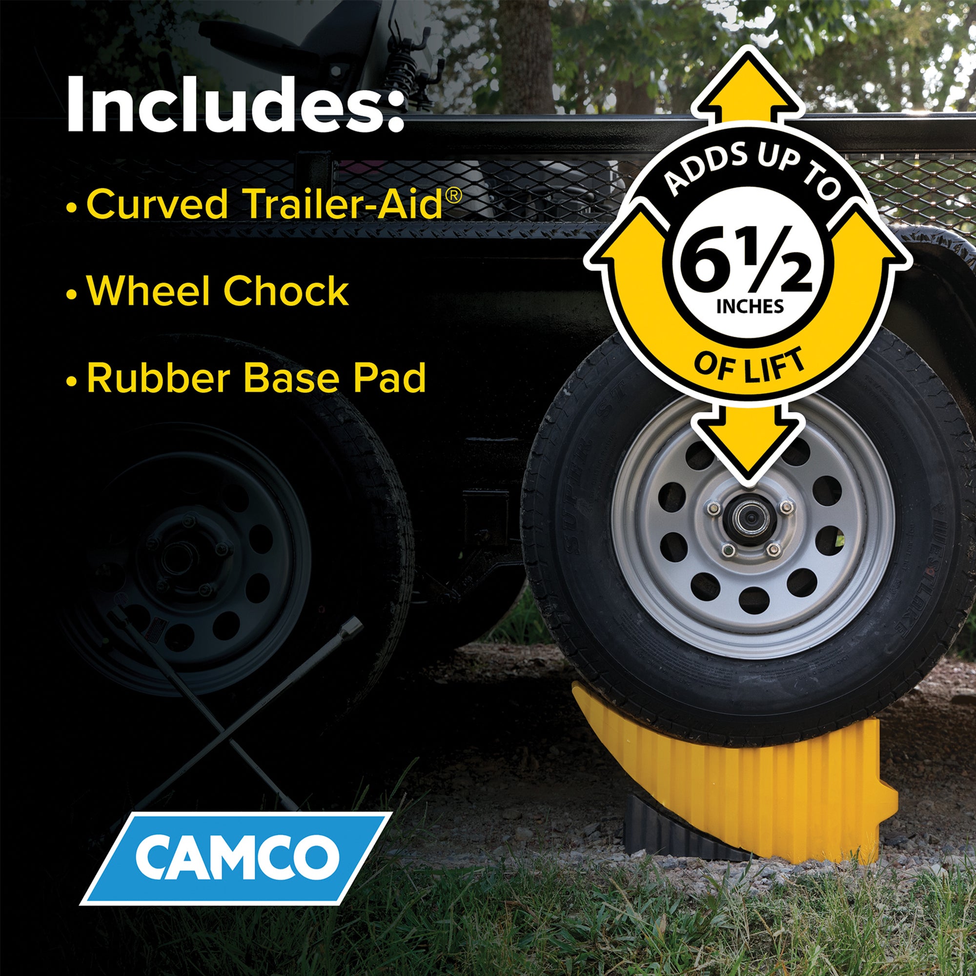 Camco Curved Trailer Aid with Chock & Pad, 6.5" Lift for Tandem Trailer, Yellow - VMInnovations
