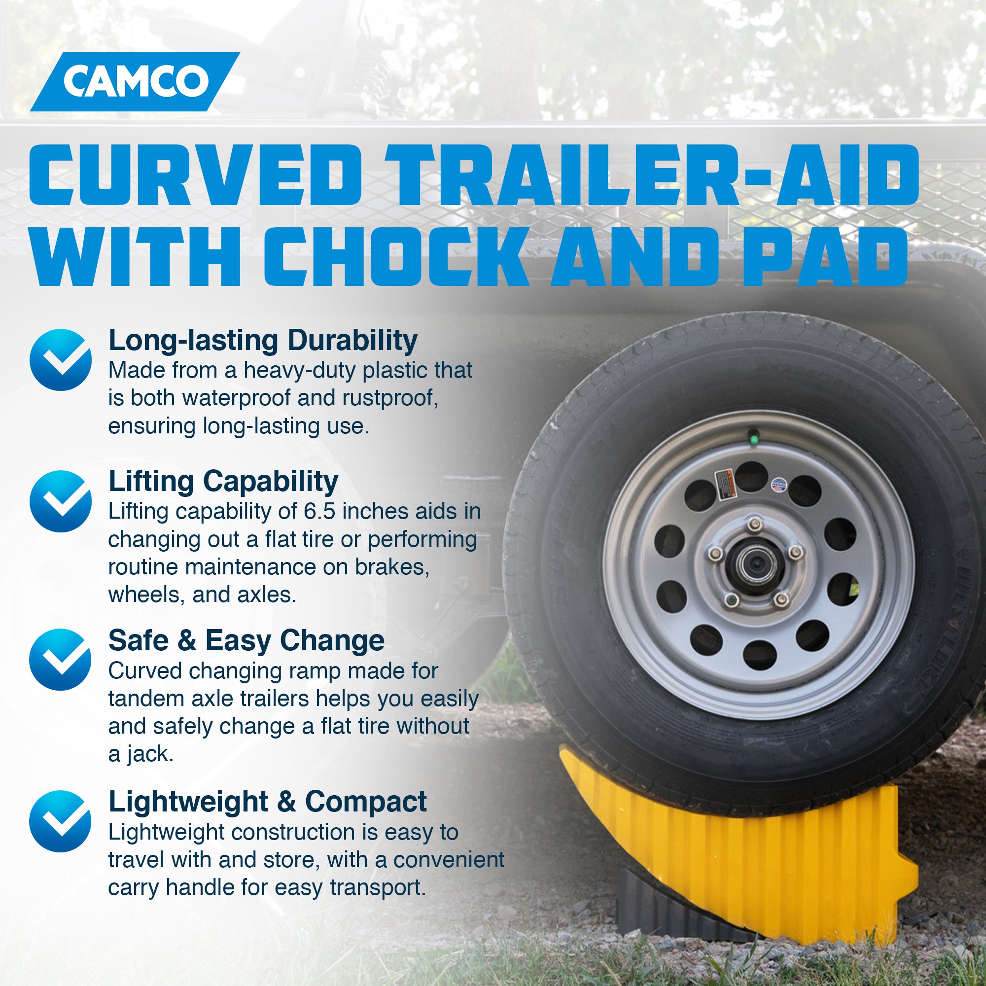 Camco Curved Trailer Aid w/Chock & Pad, 6.5" Lift, Yellow (For Parts)