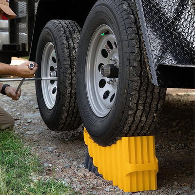 Camco Curved Trailer Aid with Chock & Pad, 6.5" Lift for Tandem Trailer, Yellow