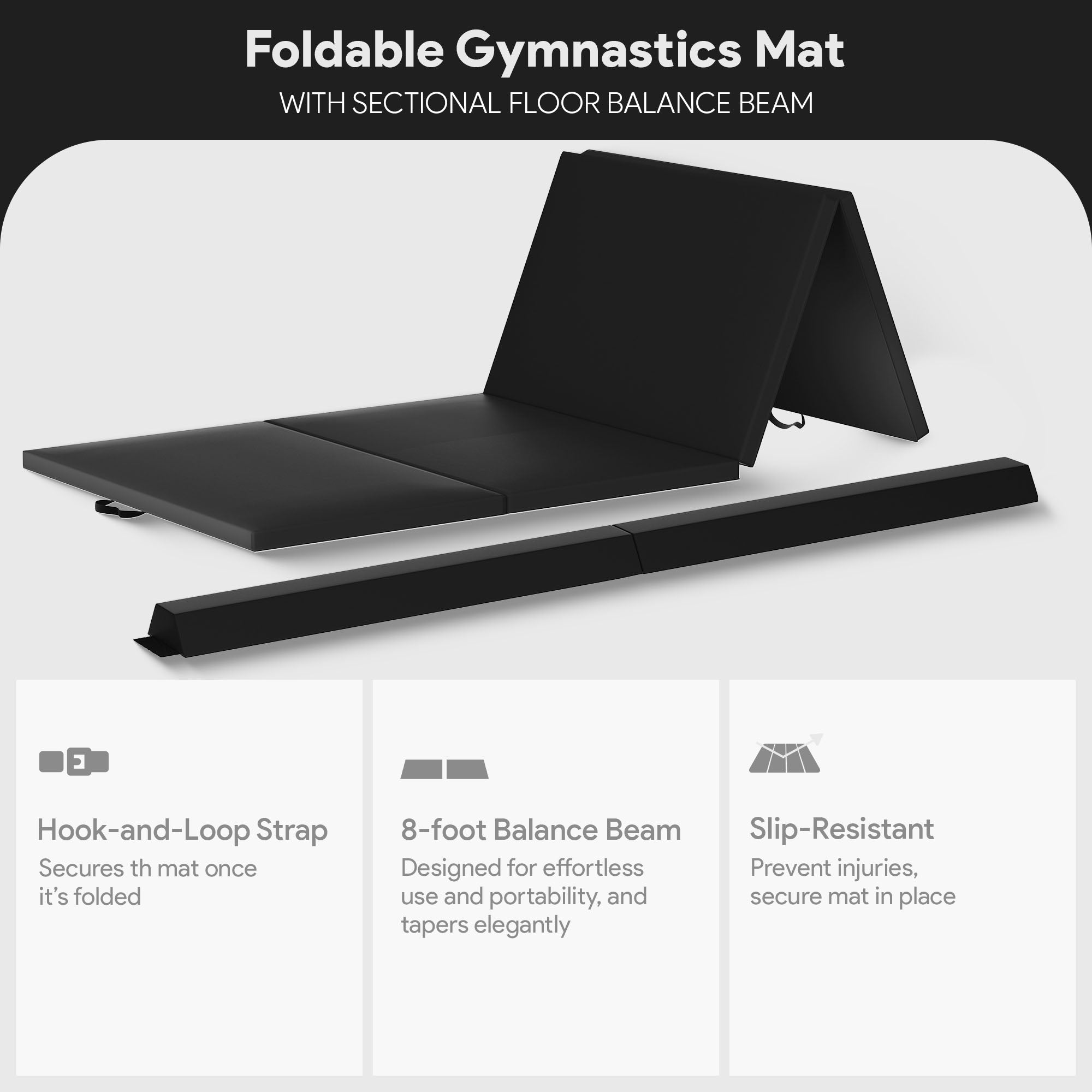 BalanceFrom Foldable Gymnastics Mat w/Sectional Balance Beam,Black (Open Box) - VMInnovations