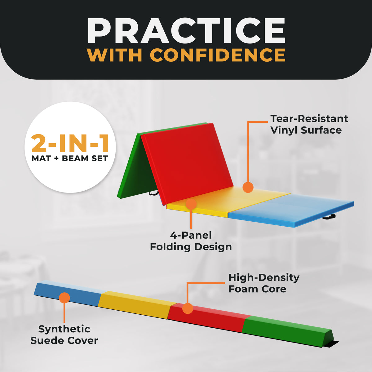 BalanceFrom Fitness Foldable Gymnastics Mat w/Sectional Floor Balance Beam,Multi - VMInnovations