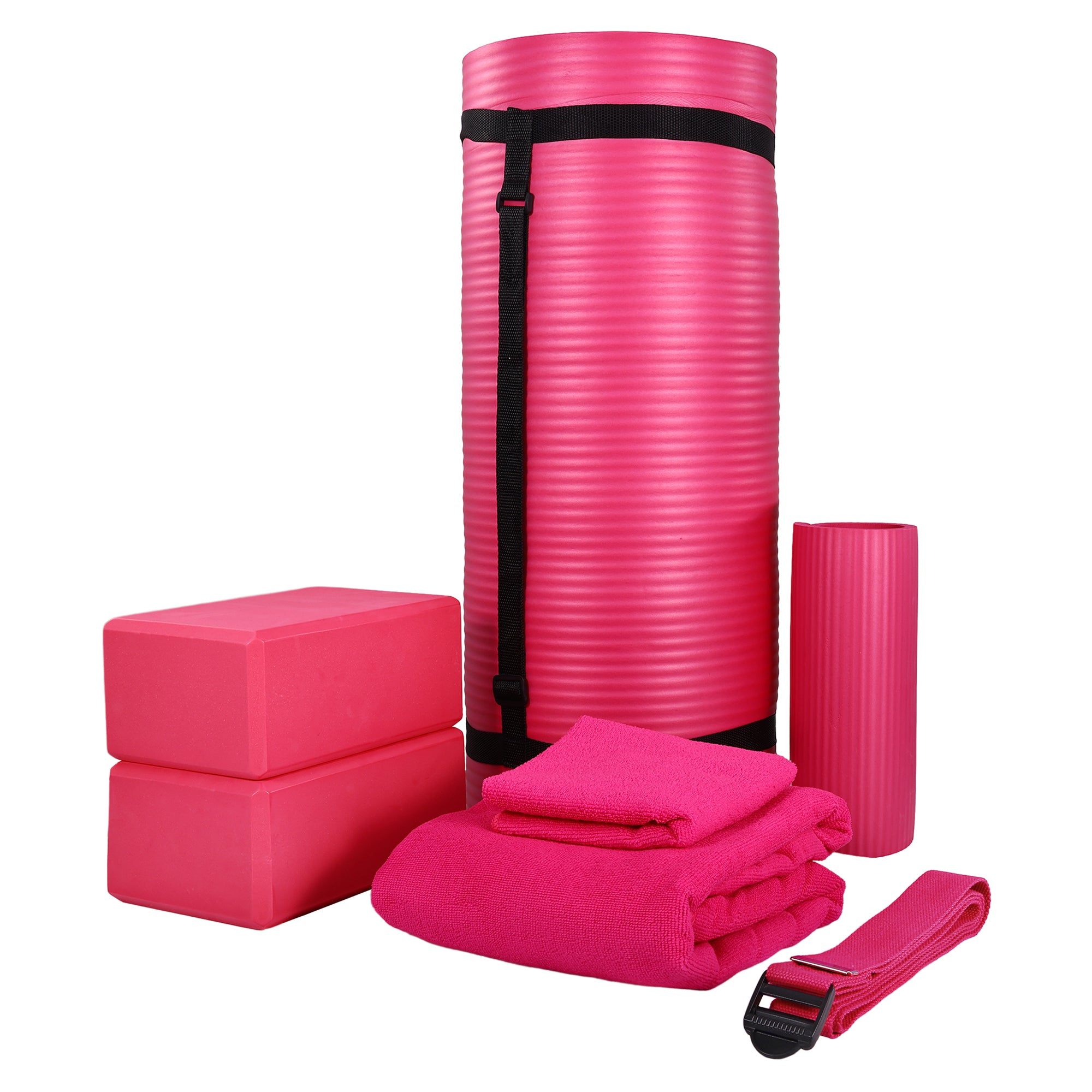 BalanceFrom Fitness 7pc Yoga Set with Mat, Stretch Strap, & Knee Pad, Pink(Used) - VMInnovations