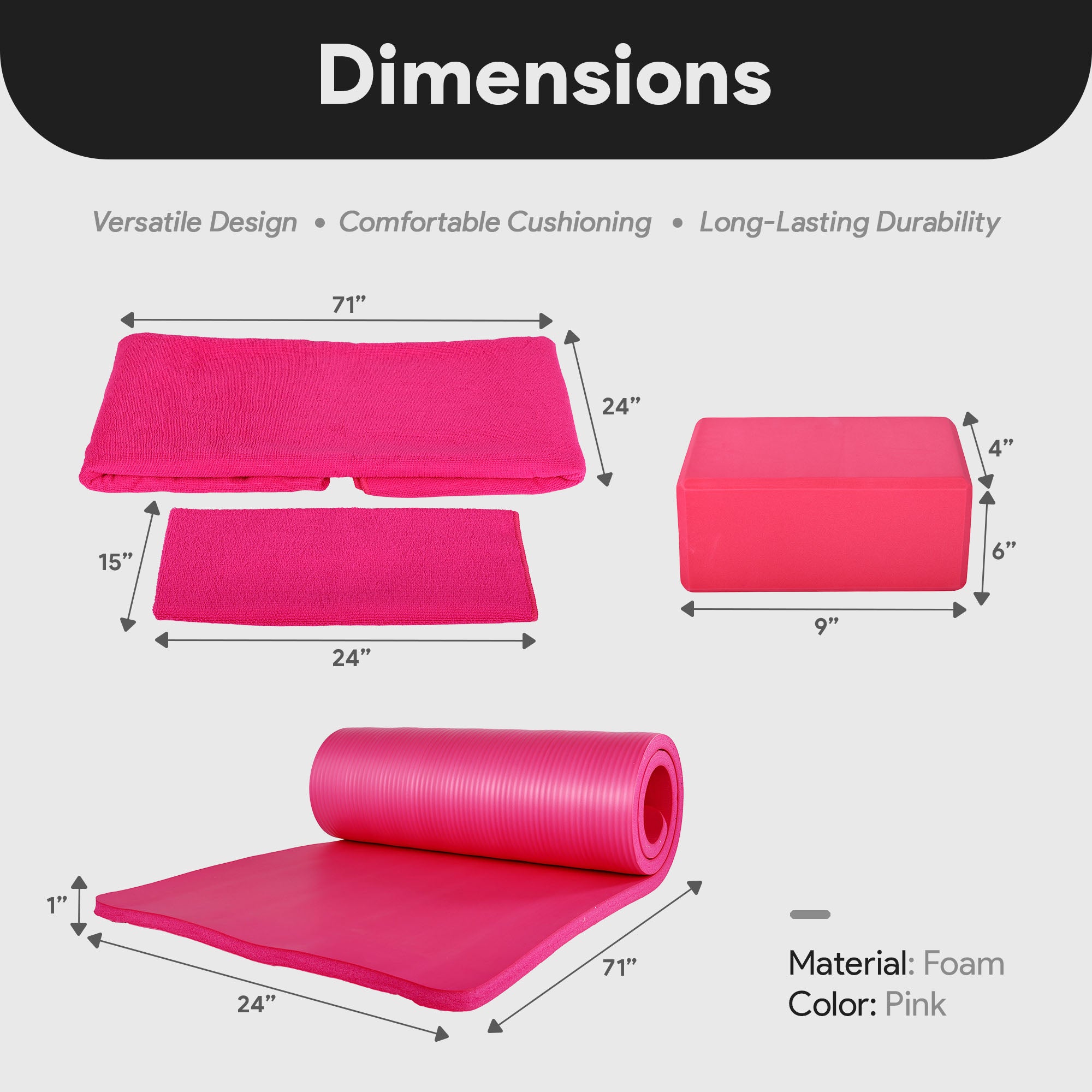 BalanceFrom Fitness 7pc Yoga Set with Mat, Stretch Strap, & Knee Pad, Pink(Used) - VMInnovations