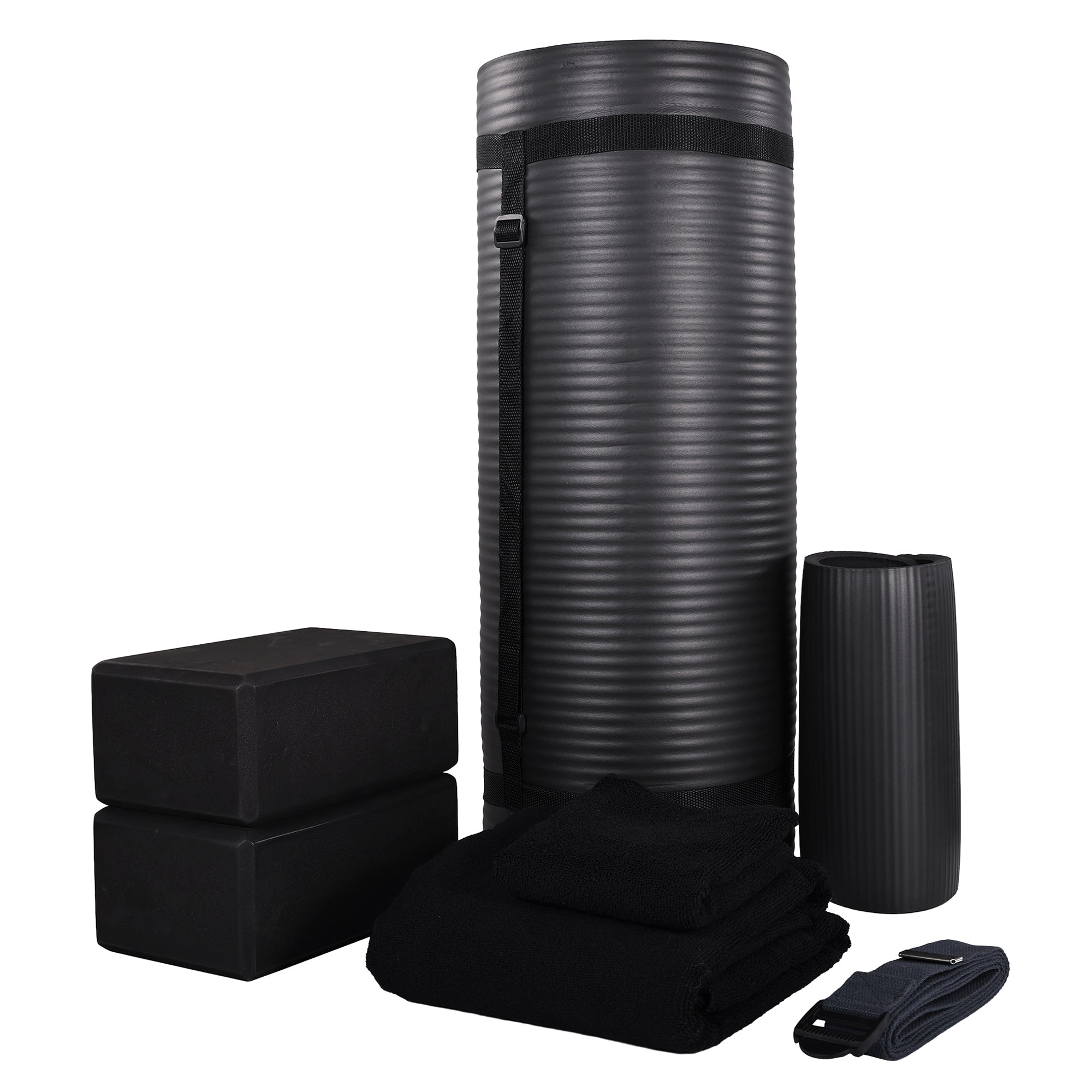 BalanceFrom 7 Piece Yoga Set with Mat, Stretch Strap, & Knee Pad, Black (Used) - VMInnovations