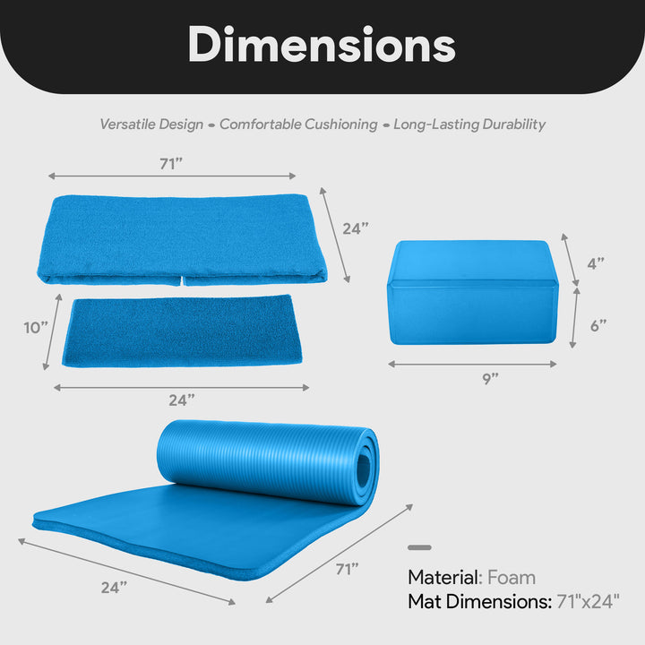BalanceFrom 7pc Yoga Set with Mat, Stretch Strap, & Knee Pad, Blue (Open Box) - VMInnovations