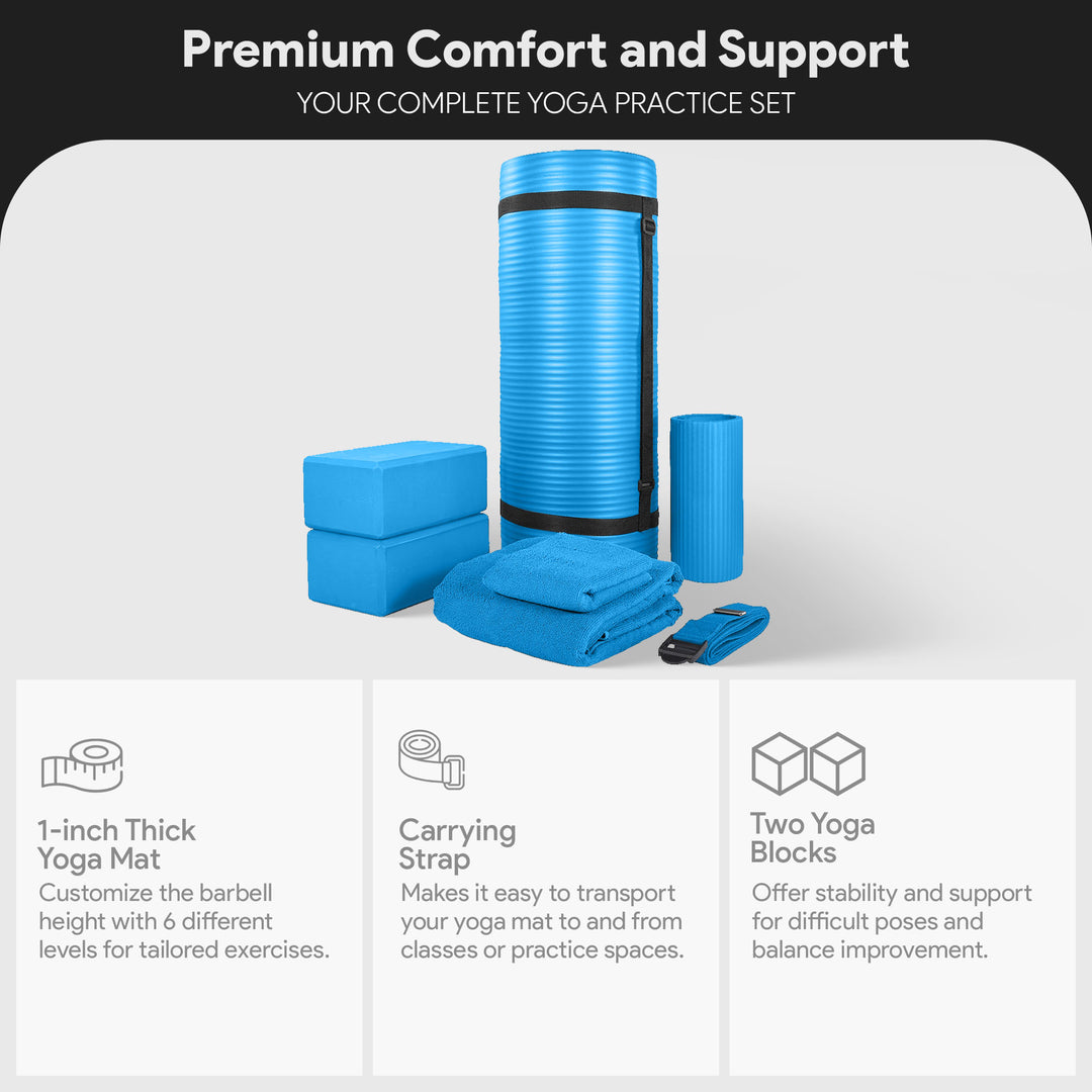 BalanceFrom 7pc Yoga Set with Mat, Stretch Strap, & Knee Pad, Blue (Open Box) - VMInnovations