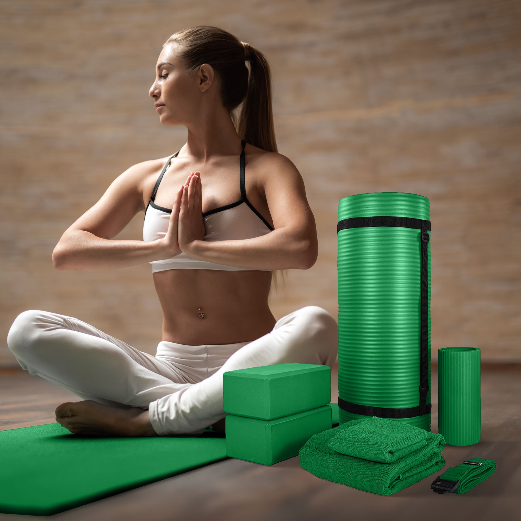 BalanceFrom Fitness 7Pc Yoga Set w/Mat, Stretch Strap, & Knee Pad, Green (Used) - VMInnovations