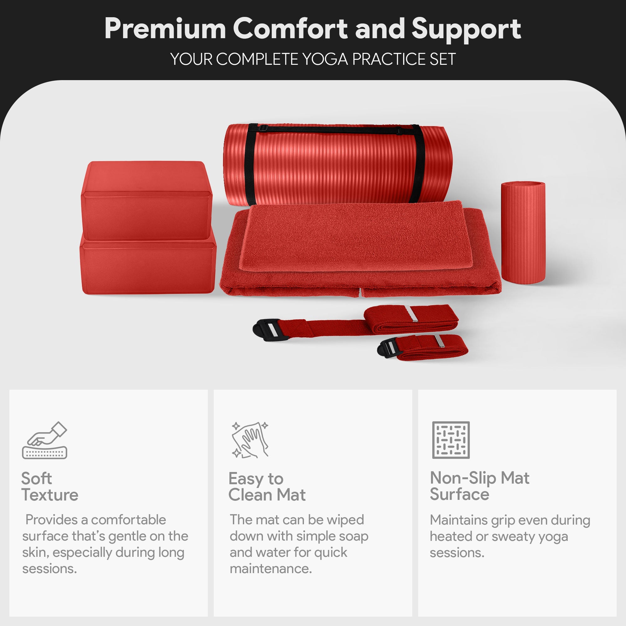 BalanceFrom Fitness 7pc Yoga Set w/Mat, Stretch Strap, & Knee Pad, Red(Open Box) - VMInnovations