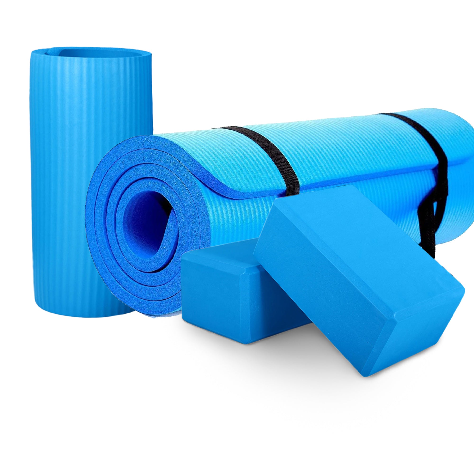 BalanceFrom 71"x24" Anti Tear Yoga Mat w/Strap, Knee Pad & Blocks, Blue (Used) - VMInnovations