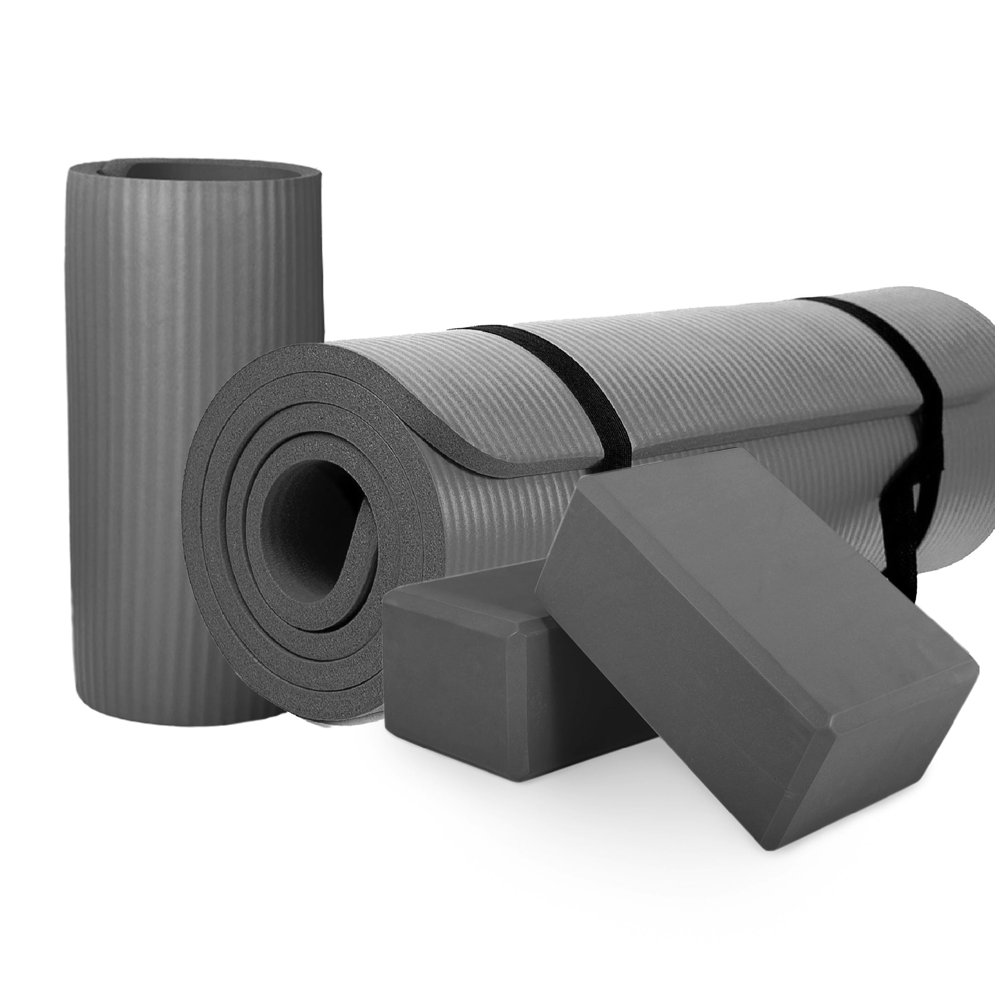 BalanceFrom 71"x24" Anti Tear Yoga Mat w/Strap, Knee Pad & Blocks, Gray (Used) - VMInnovations
