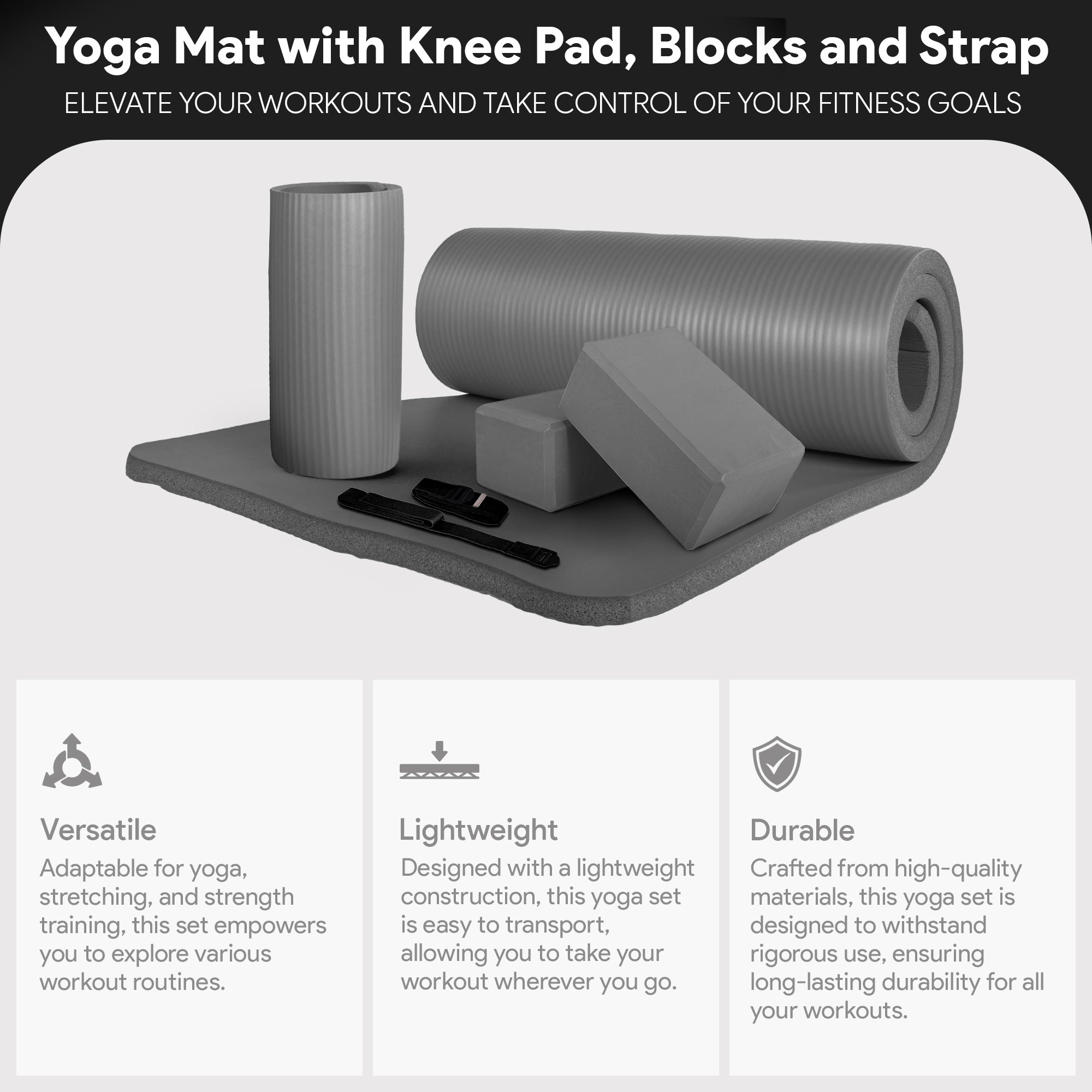 BalanceFrom 71"x24" Anti Tear Yoga Mat w/Strap, Knee Pad & Blocks, Gray (Used) - VMInnovations