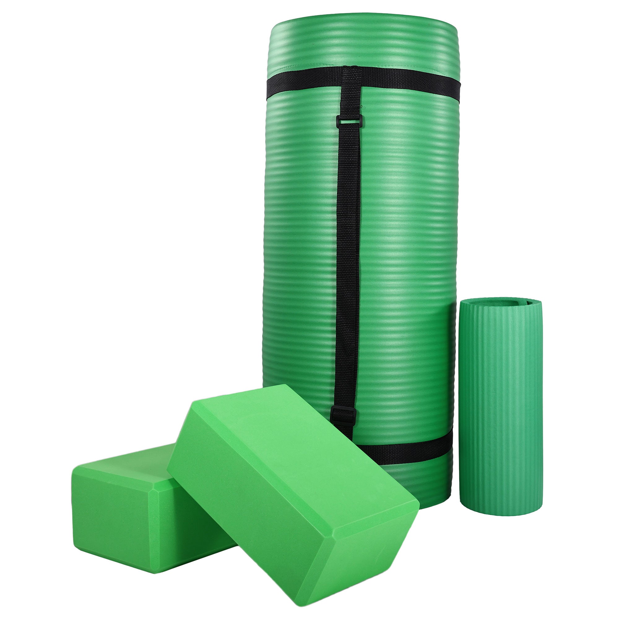 BalanceFrom 71"x24" Anti Tear Yoga Mat w/Strap, Knee Pad & Blocks, Green (Used) - VMInnovations