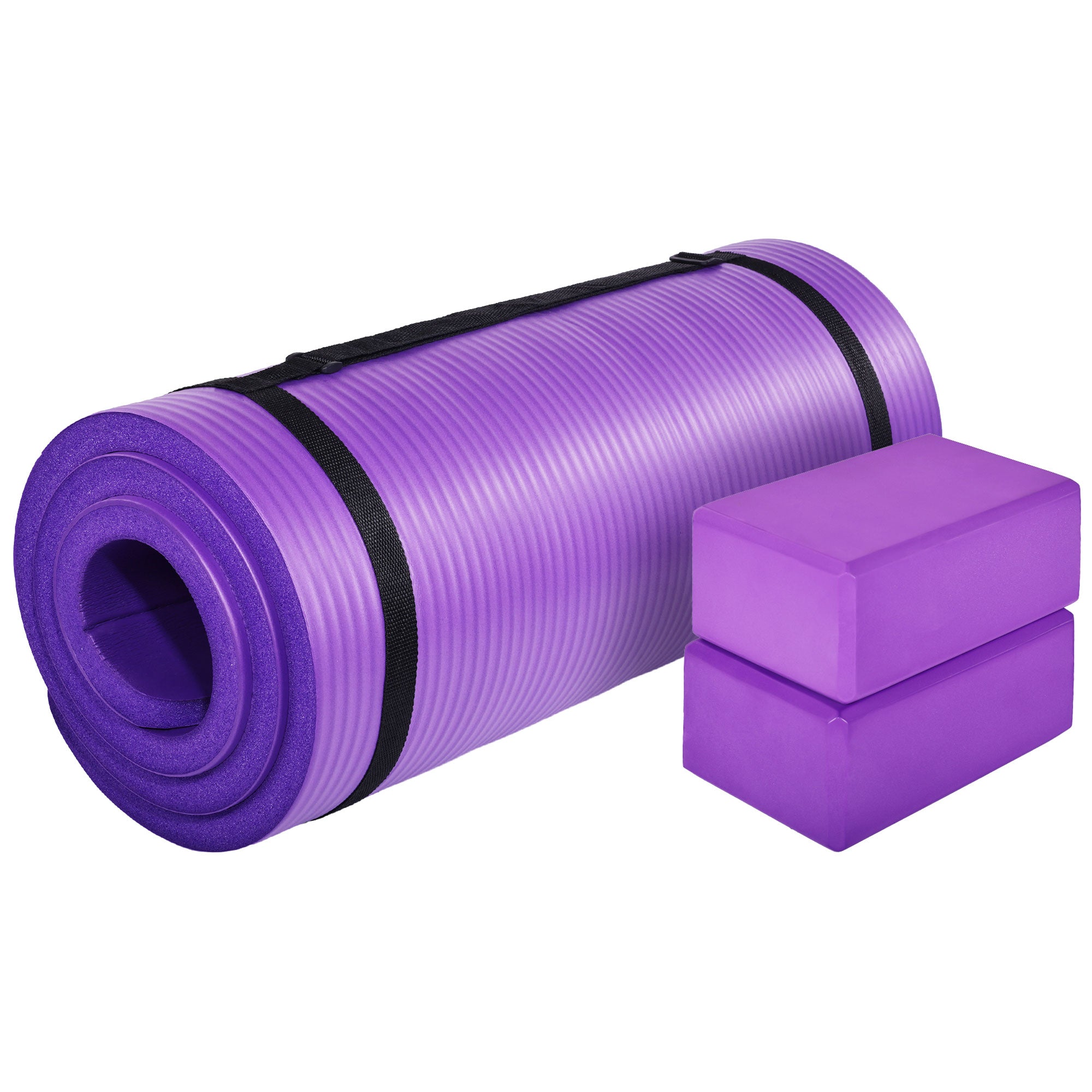BalanceFrom 71"x24" Anti Tear Yoga Mat w/Strap, Knee Pad & Blocks,Purple (Used) - VMInnovations
