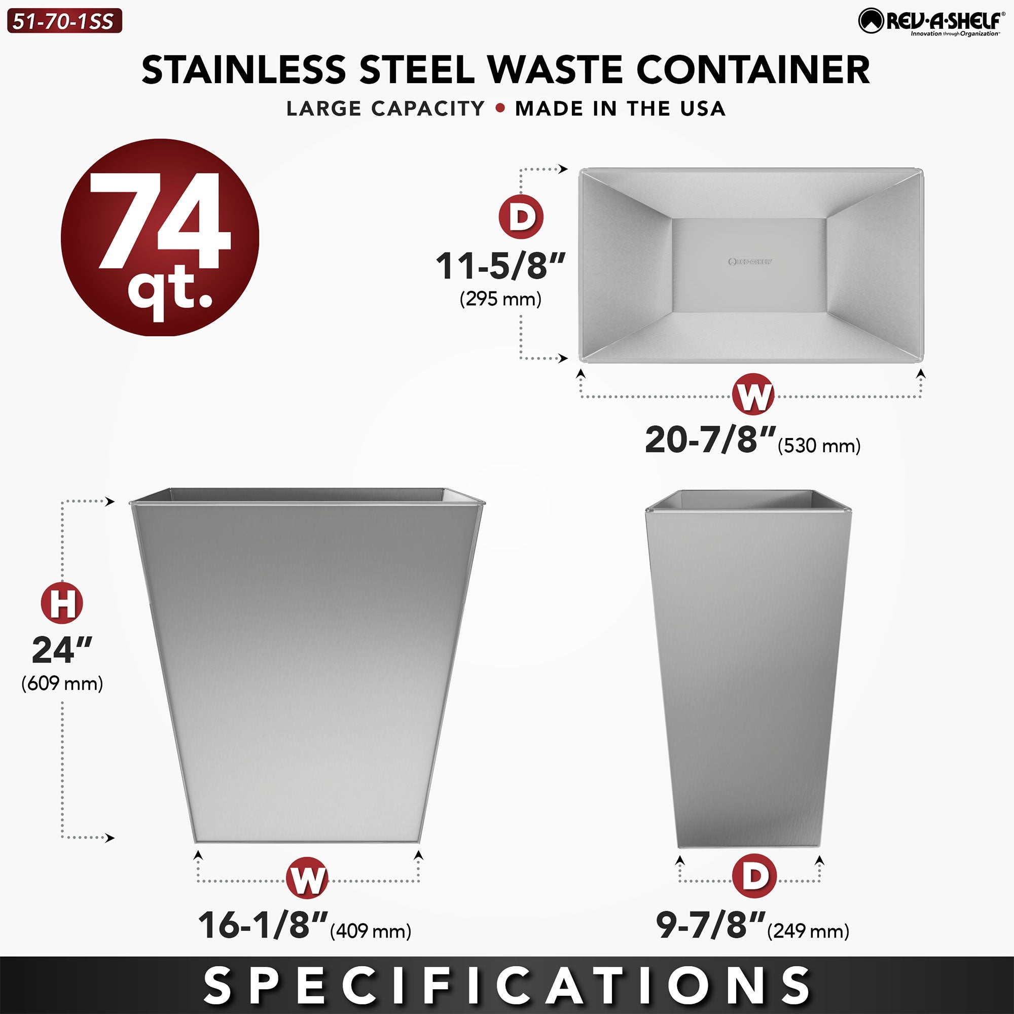 Rev-A-Shelf 74 Qt Trash Can for Kitchen Stainless Steel, Silver, 51-70-1SS - VMInnovations